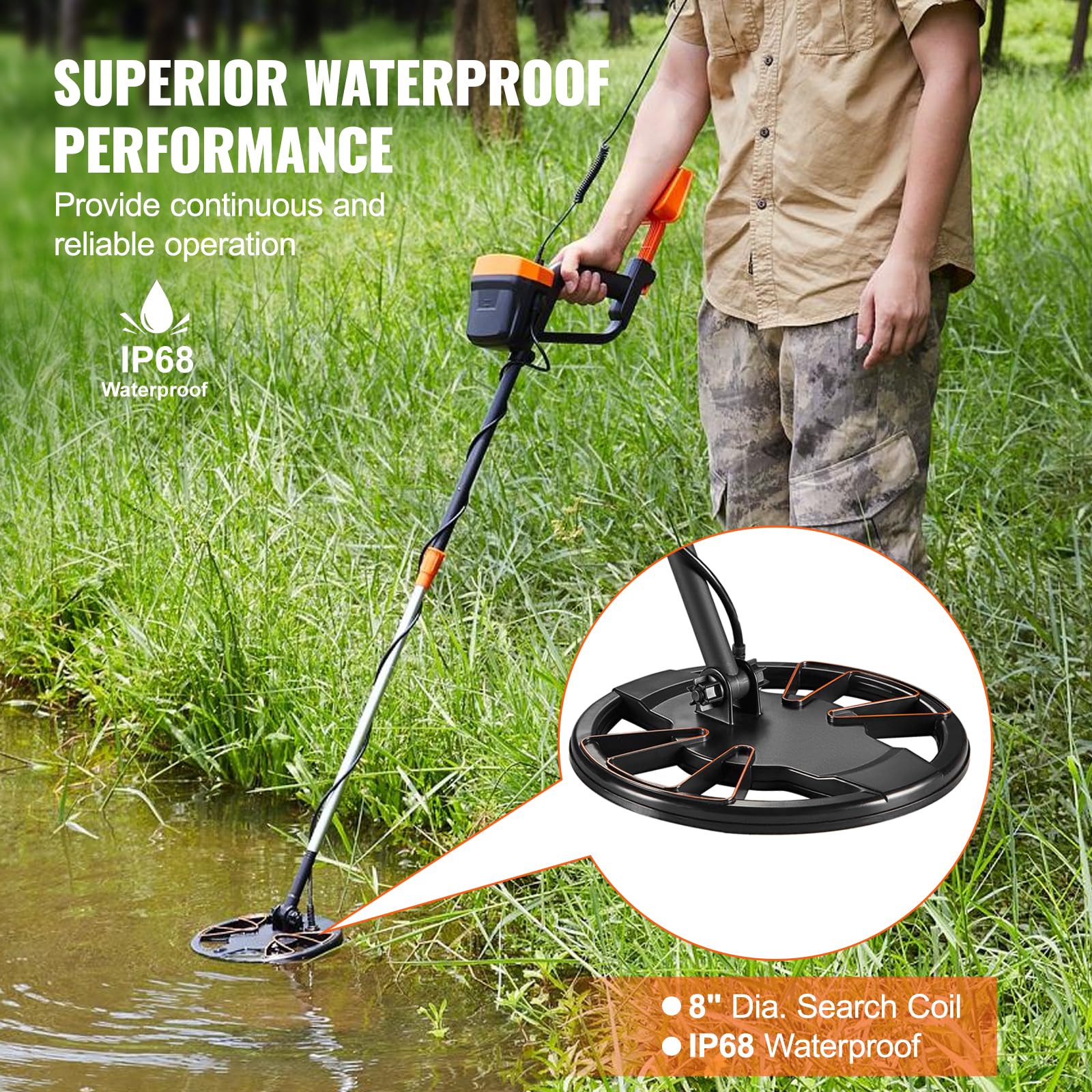 VEVOR Metal Detector for Adults & Kids, 8 Inch Waterproof Search Coil with High Accuracy Pointer Display, Adjustable 38''-49'' Gold Detector, Lightweight Aluminum Stem for Detecting Gold Treasure - Image 5