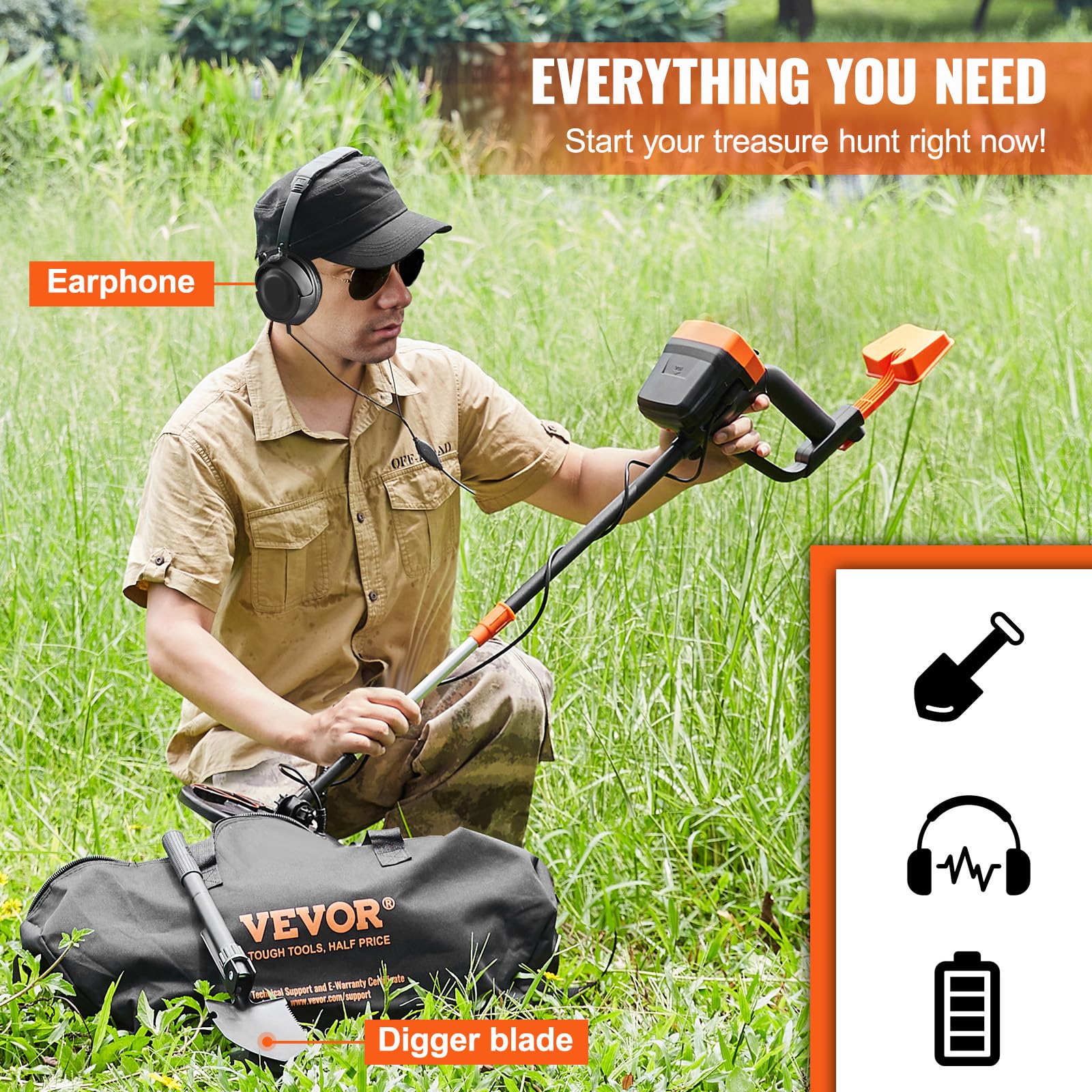 VEVOR Metal Detector for Adults & Kids, 8 Inch Waterproof Search Coil with High Accuracy Pointer Display, Adjustable 38''-49'' Gold Detector, Lightweight Aluminum Stem for Detecting Gold Treasure - Image 6