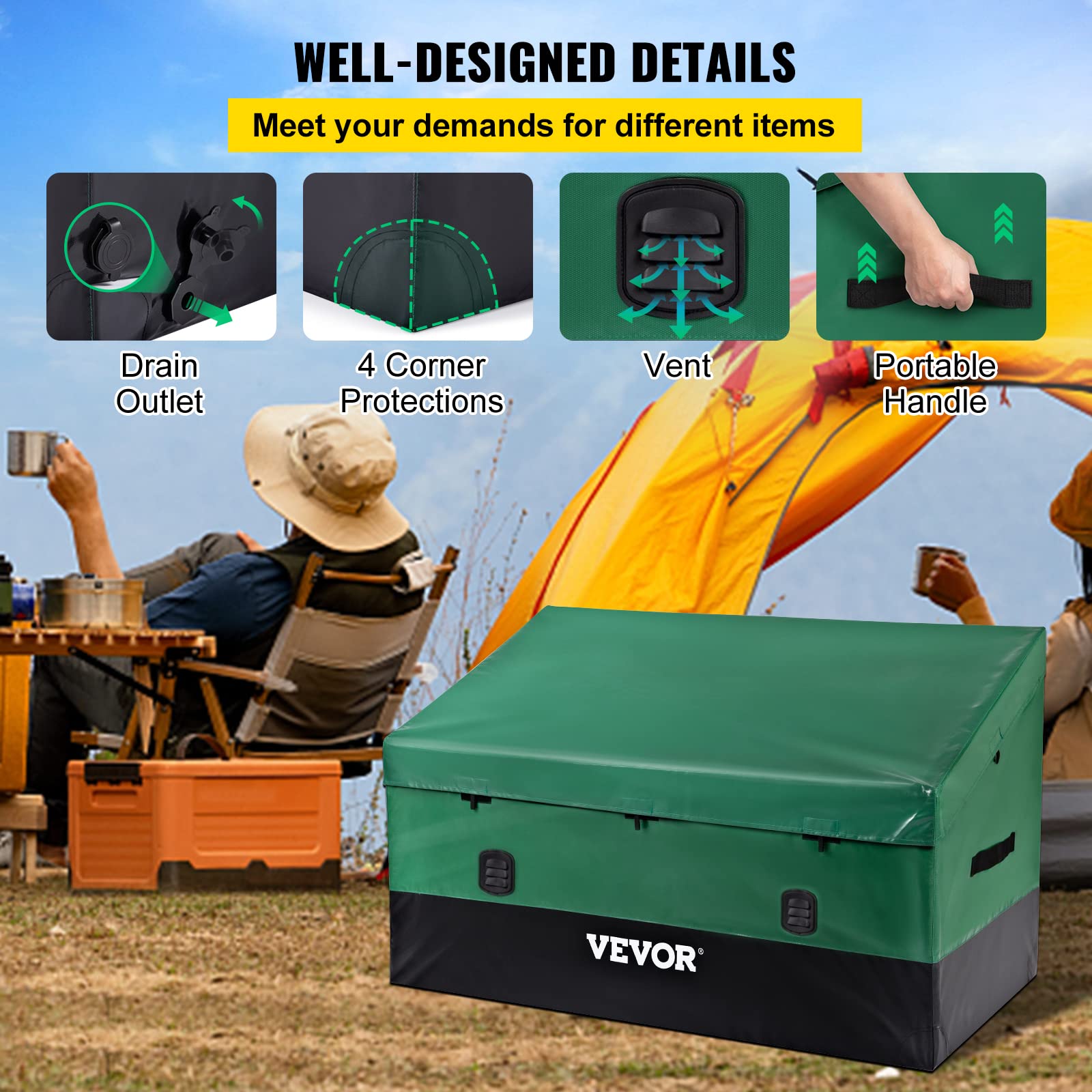 VEVOR Outdoor Storage Box, 230 Gallon Waterproof PE Tarpaulin Deck Box w/Galvanized Frame, All-Weather Protection & Portable, for Camping, Garden, Poolside, and Yard, Black & Green - Image 5