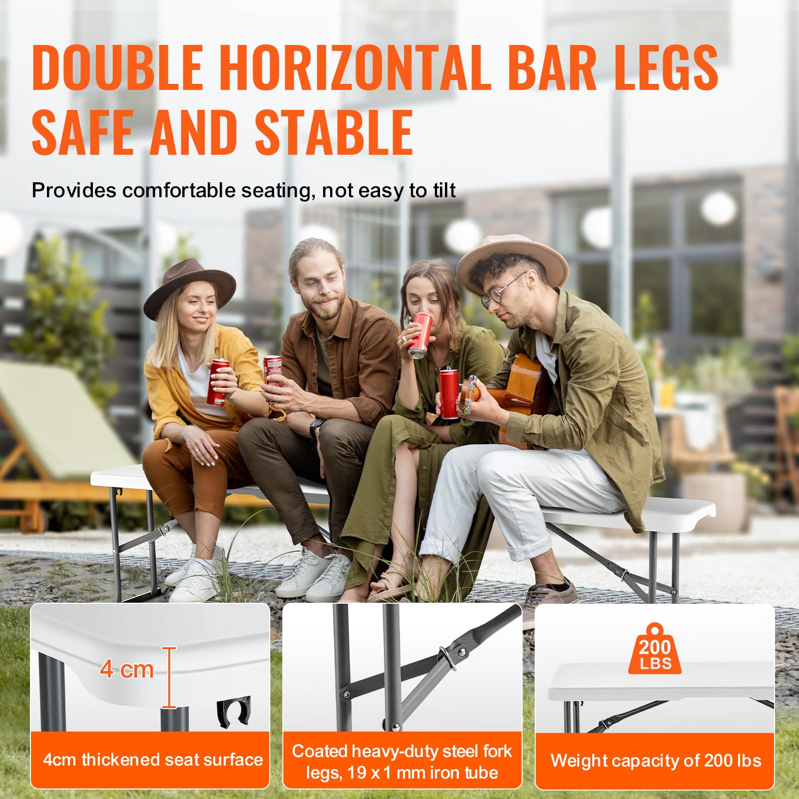 VEVOR Plastic Folding Bench, 6ft Portable Folding Bench, Smooth High Density Polyethylene Waterproof Outdoor Bench, Picnic Camping Table with Handle for Garden Soccer Playtime, White (2 Pack) - Image 6