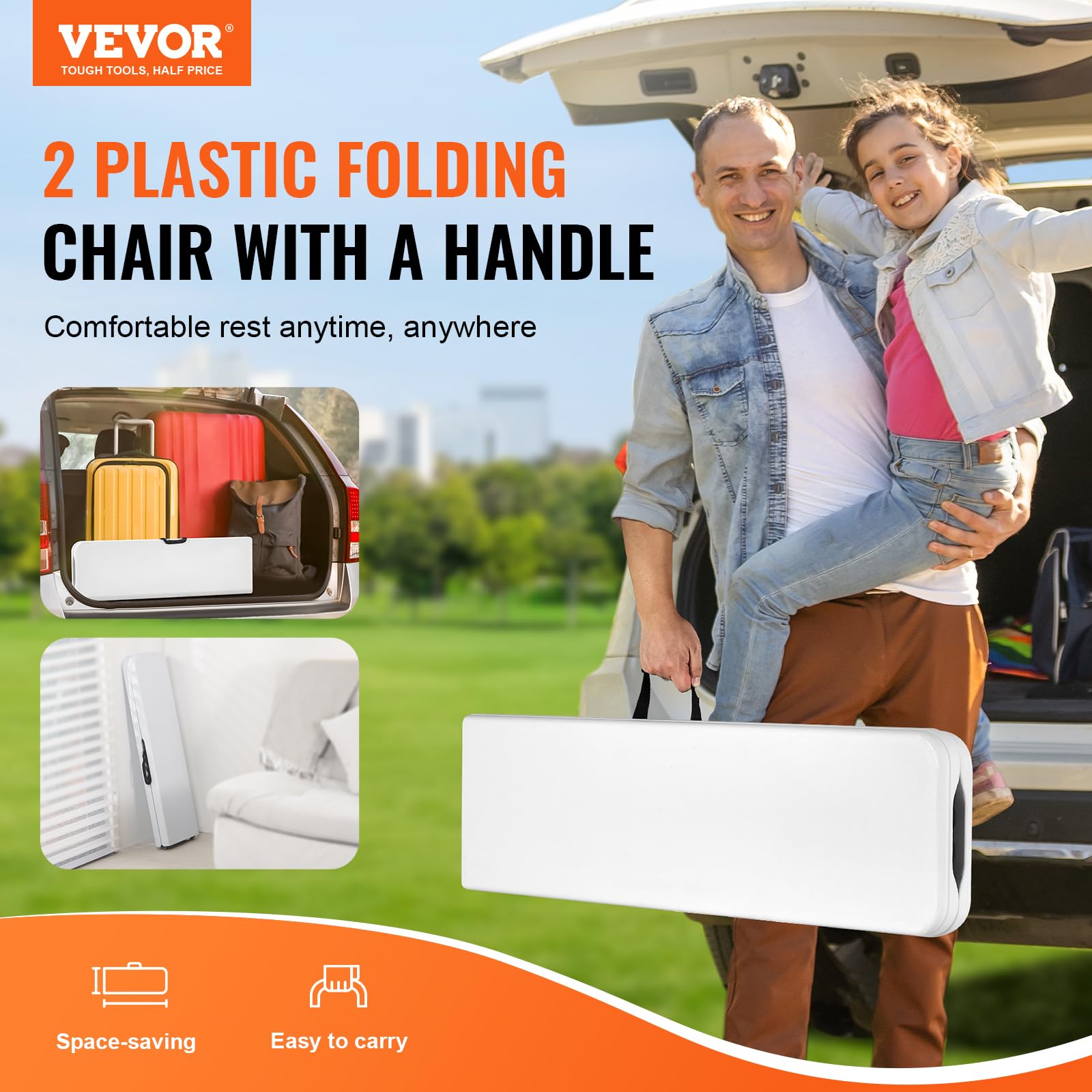 VEVOR Plastic Folding Bench, 6ft Portable Folding Bench, Smooth High Density Polyethylene Waterproof Outdoor Bench, Picnic Camping Table with Handle for Garden Soccer Playtime, White (2 Pack) - Image 4