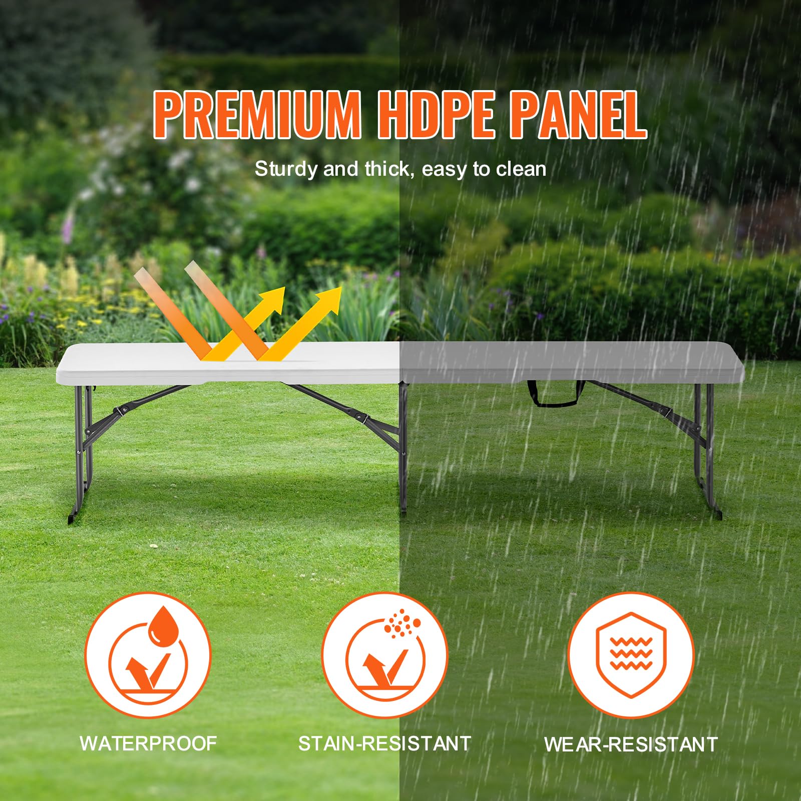 VEVOR Plastic Folding Bench, 6ft Portable Folding Bench, Smooth High Density Polyethylene Waterproof Outdoor Bench, Picnic Camping Table with Handle for Garden Soccer Playtime, White (2 Pack) - Image 5
