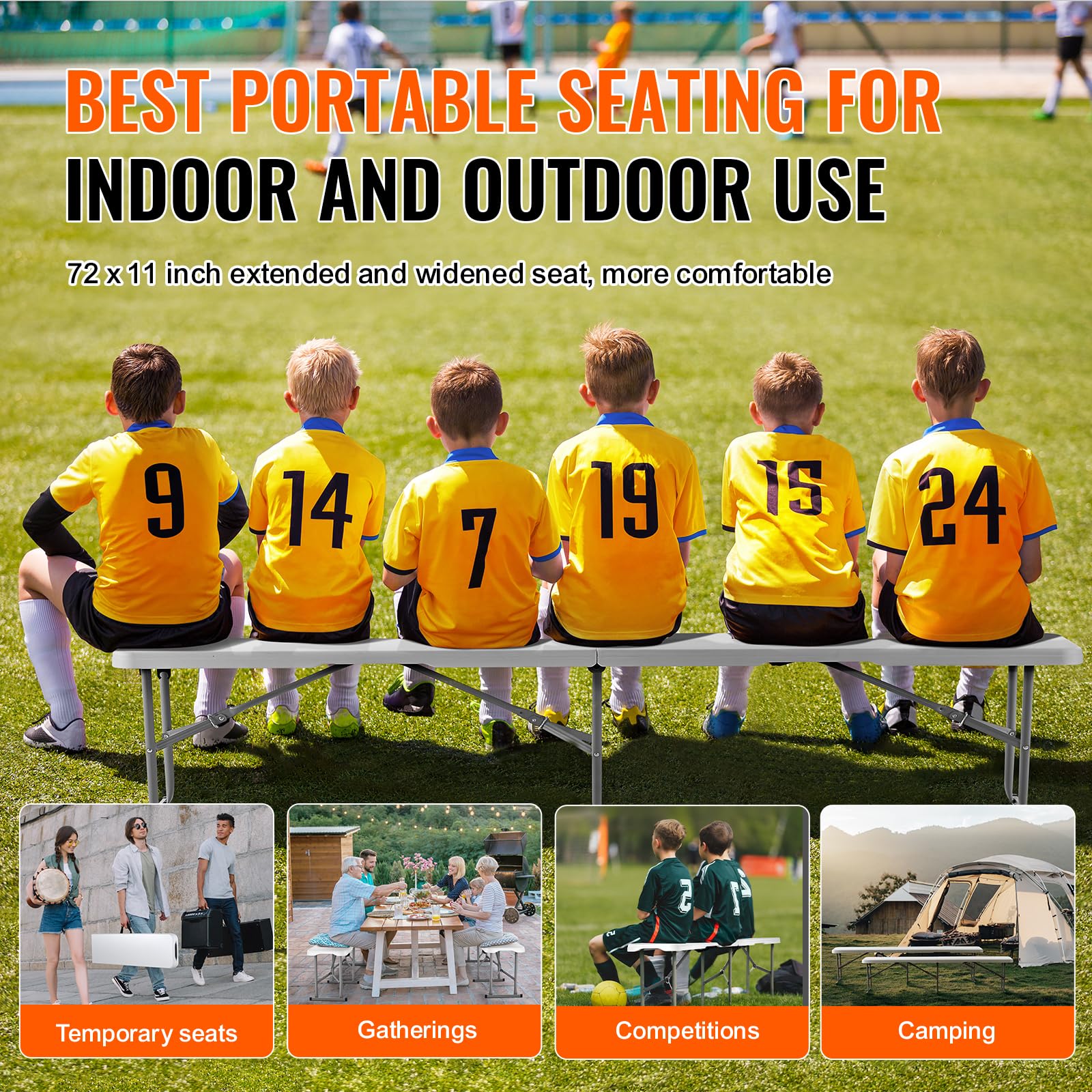 VEVOR Plastic Folding Bench, 6ft Portable Folding Bench, Smooth High Density Polyethylene Waterproof Outdoor Bench, Picnic Camping Table with Handle for Garden Soccer Playtime, White (2 Pack) - Image 8