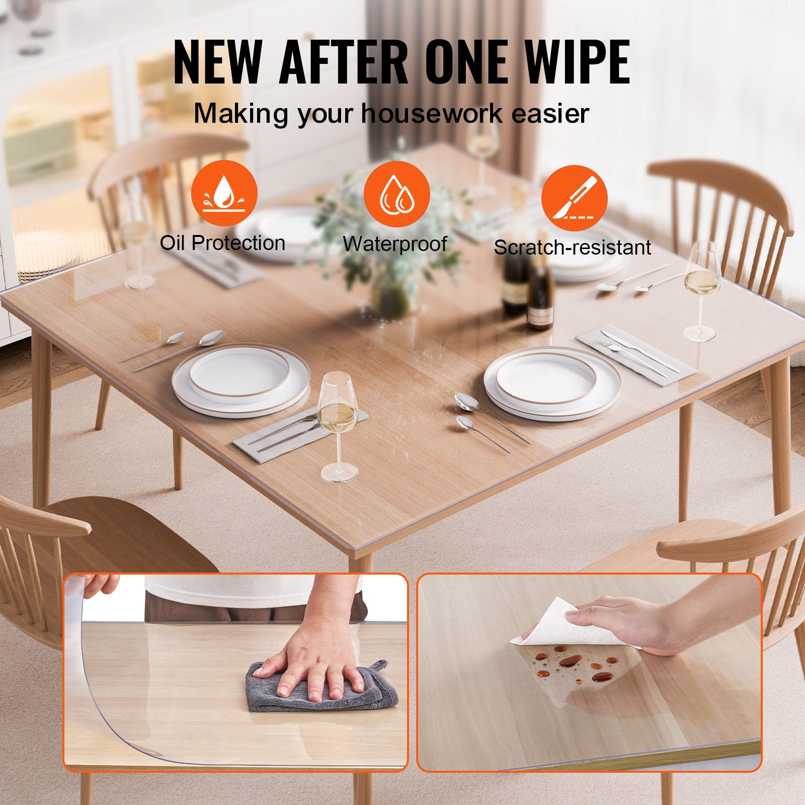 VEVOR Plastic Table Cover, 54 x 54 Inch 1.5 mm Thick Clear Square PVC Desk Mat Protector, Waterproof & Easy Cleaning Desk Pad Tablecloth, for Office, Dresser, Dining Room, Night Stand - Image 4