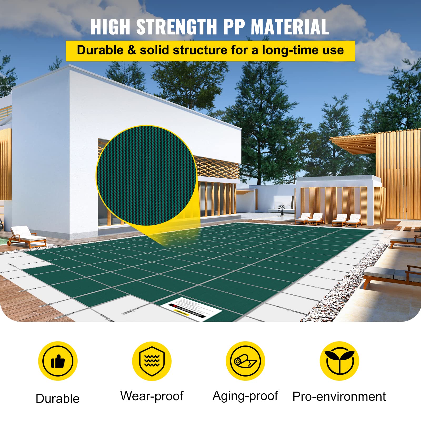 VEVOR Pool Safety Cover, Fits 16x32ft Rectangular Inground Winter Swimming Pools, with 4x8ft Center End Step, Triple Stitched, High Strength Mesh PP, Great Rain Permeability, Installation Hardware - Image 3