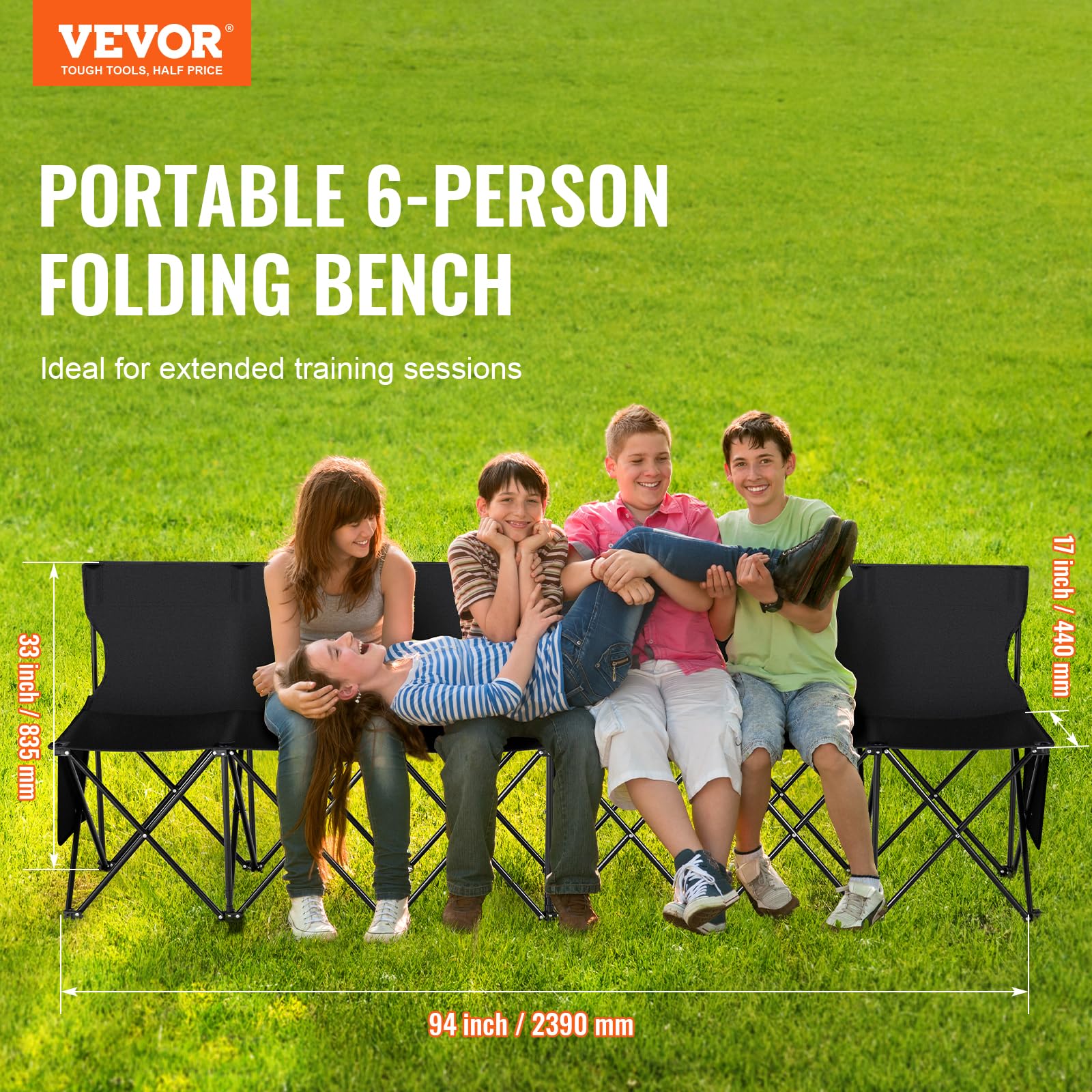 VEVOR Portable Folding B ench, 6 Seats Foldable Sideline B ench, Outdoor Camping Bench Chair with Carry Bag & Backrest, Team Sport Sideline B ench, No Assembly Instant Seating, Black - Image 3