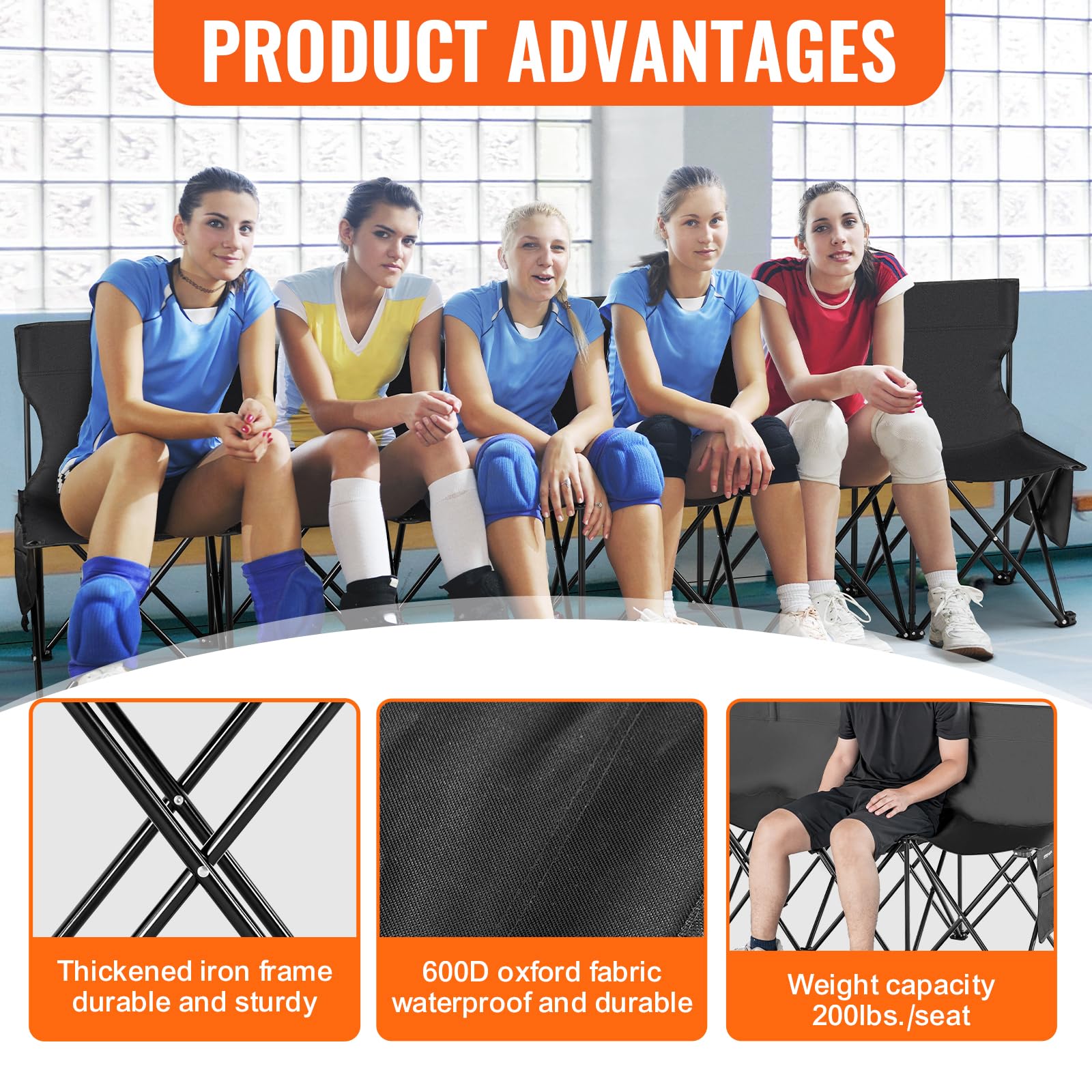 VEVOR Portable Folding B ench, 6 Seats Foldable Sideline B ench, Outdoor Camping Bench Chair with Carry Bag & Backrest, Team Sport Sideline B ench, No Assembly Instant Seating, Black - Image 6