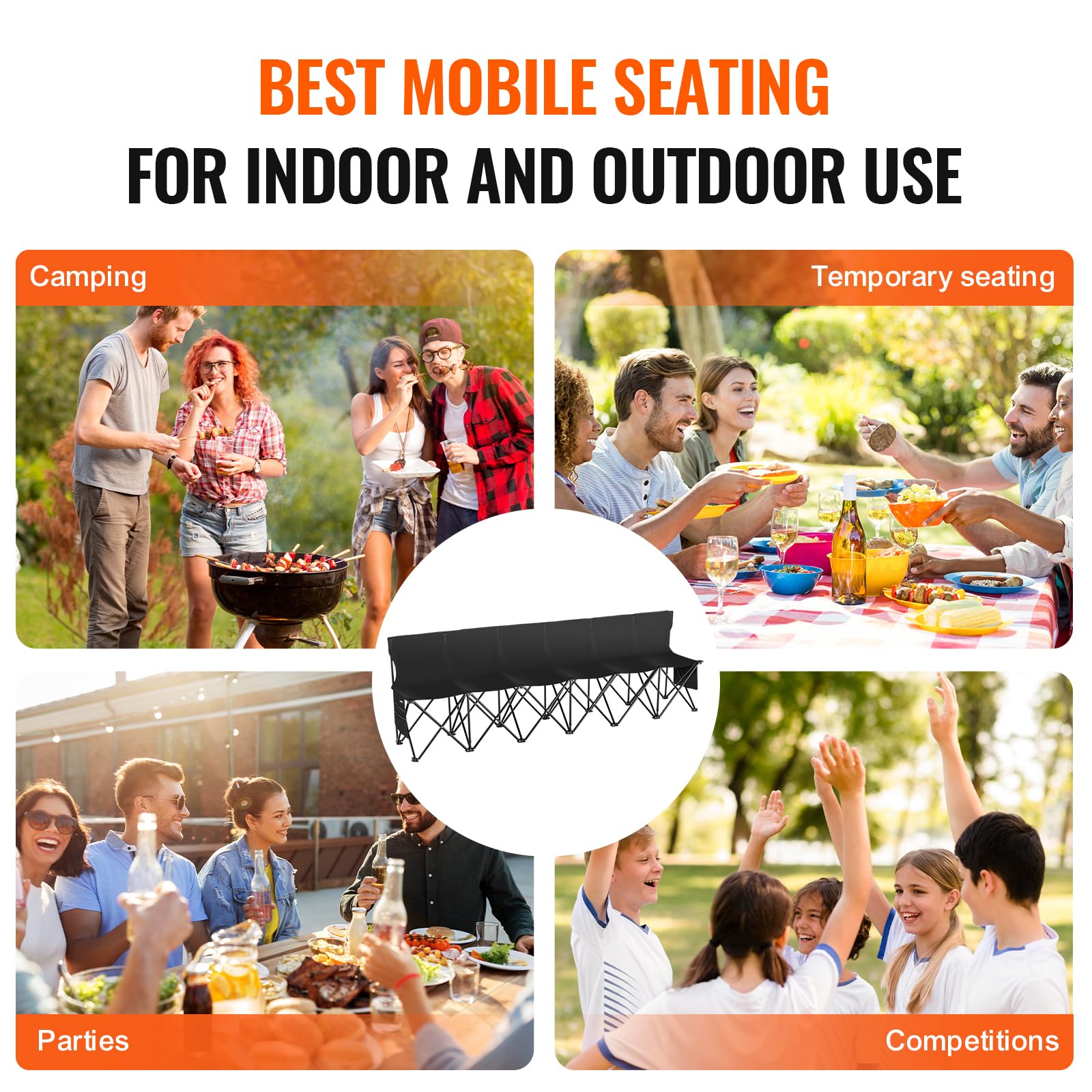 VEVOR Portable Folding B ench, 6 Seats Foldable Sideline B ench, Outdoor Camping Bench Chair with Carry Bag & Backrest, Team Sport Sideline B ench, No Assembly Instant Seating, Black - Image 8