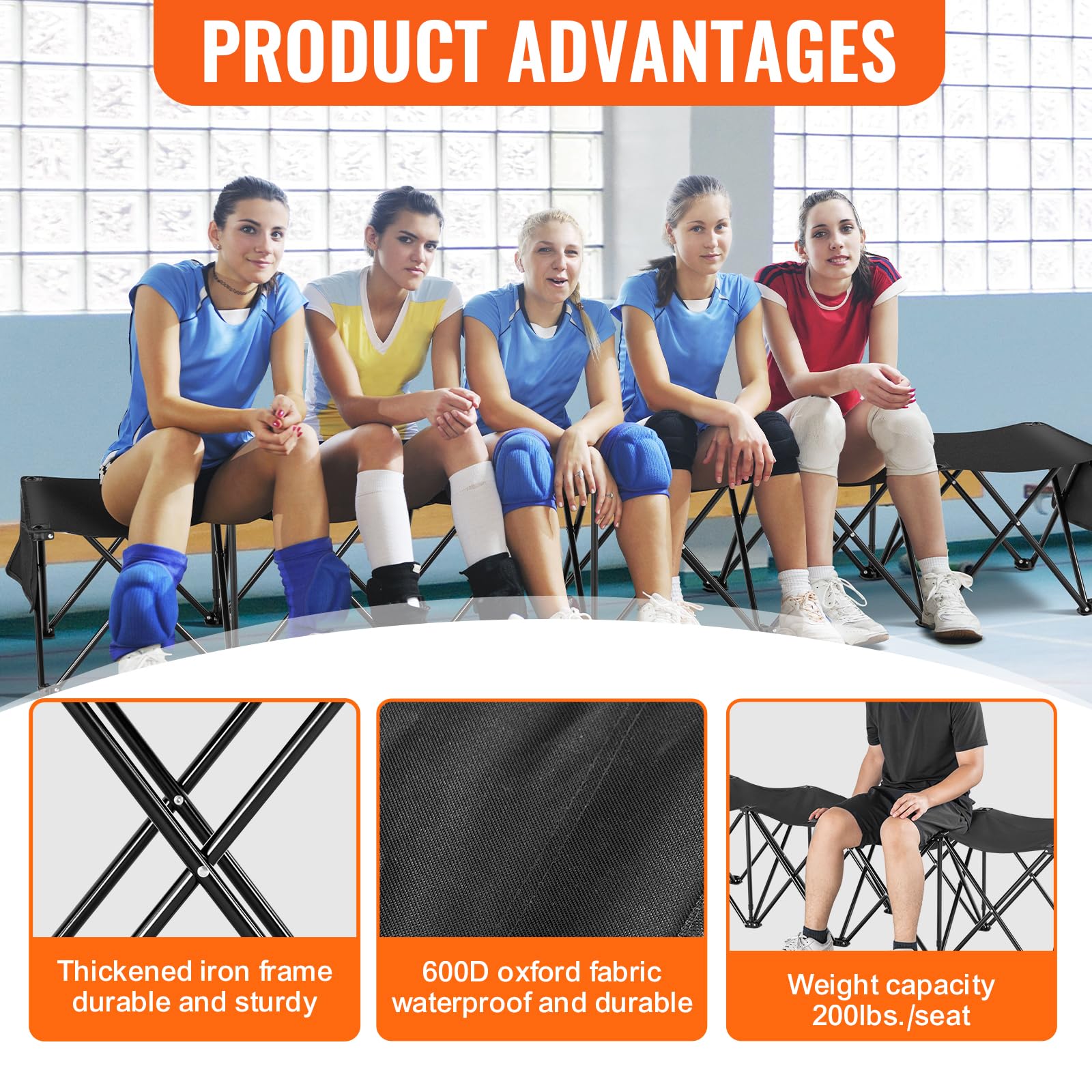VEVOR Portable Folding Bench, 6 Seats Foldable Sideline Bench, Outdoor Camping Bench Chairs with Carry Bag, Team Sport Sideline Benches for Football, Camping, Fishing, No Assembly Instant Seating - Image 6