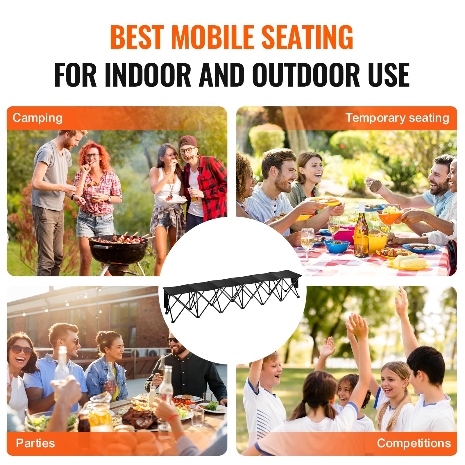 VEVOR Portable Folding Bench, 6 Seats Foldable Sideline Bench, Outdoor Camping Bench Chairs with Carry Bag, Team Sport Sideline Benches for Football, Camping, Fishing, No Assembly Instant Seating - Image 8
