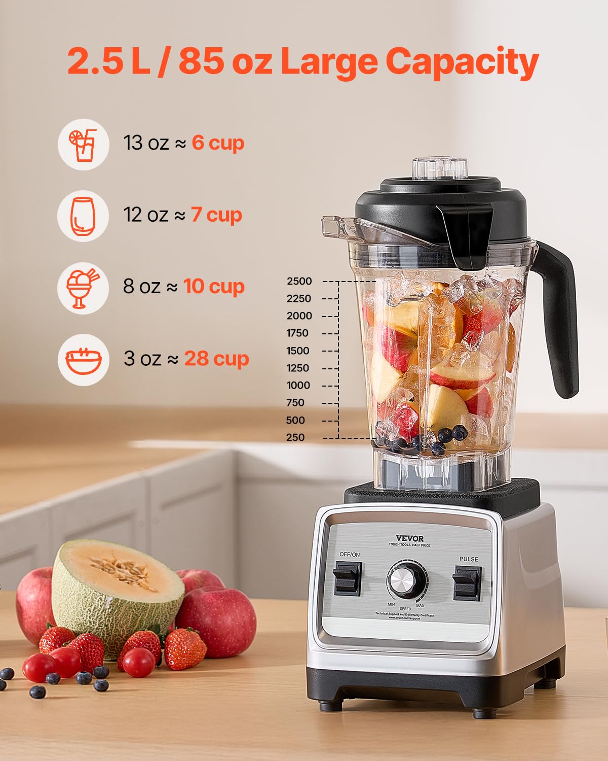 VEVOR Professional Blender for Smoothies, 85 oz 1400W,with Powerful Motor, Multi-Functional Food Processing for Smoothie/Milkshake/Juice, Fits for Kitchen - Image 3