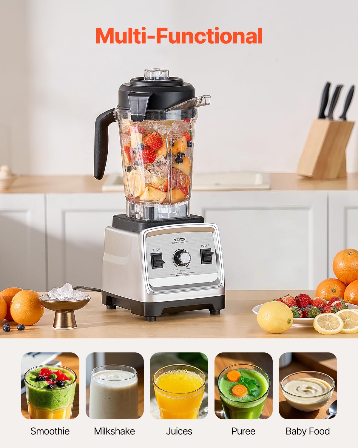 VEVOR Professional Blender for Smoothies, 85 oz 1400W,with Powerful Motor, Multi-Functional Food Processing for Smoothie/Milkshake/Juice, Fits for Kitchen - Image 4