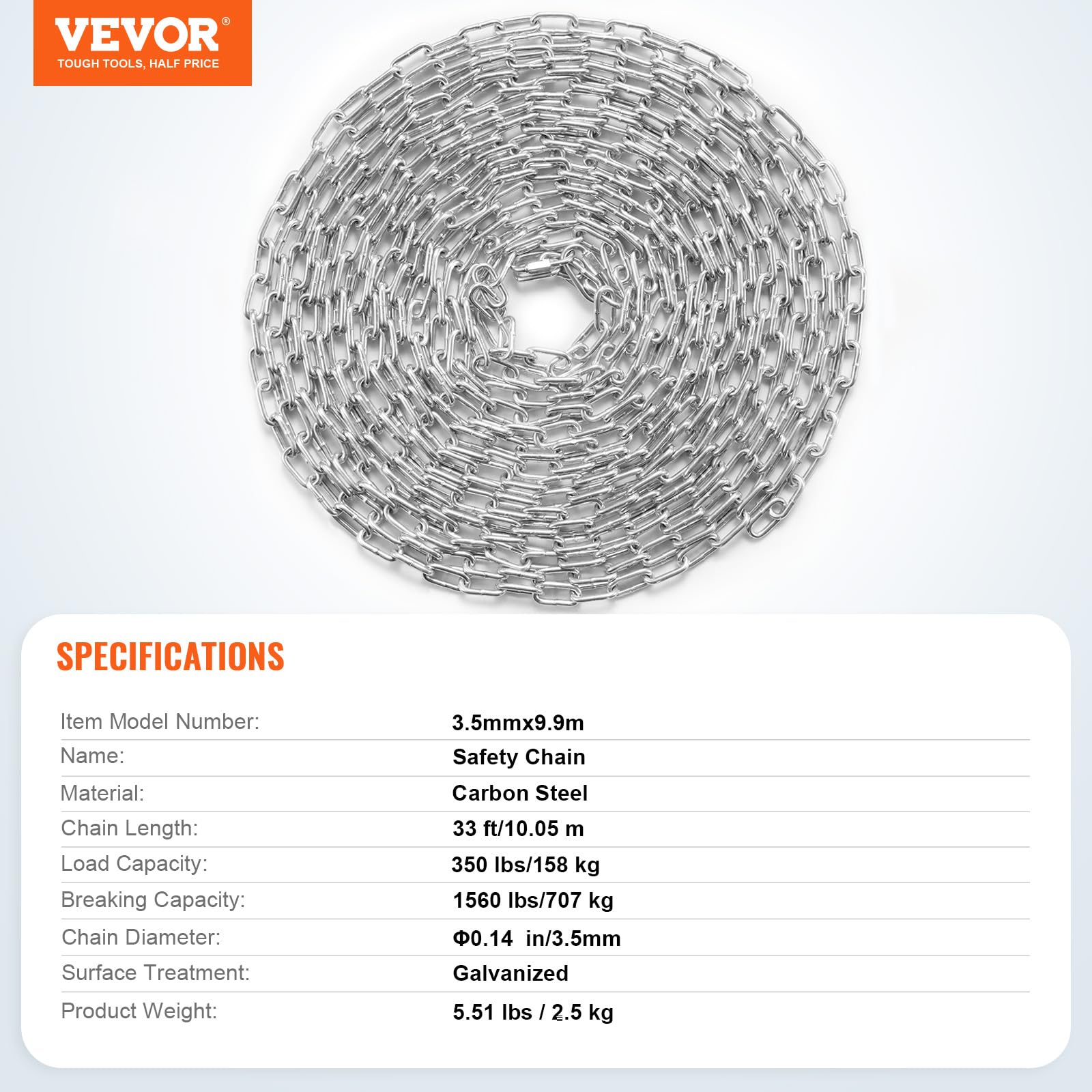 VEVOR Proof Coil Chain, 1/8" x 33', 350 lbs Safe Working Load, Zinc Plated Proof Tested Coil Chain with Two Quick Links, Galvanized Carbon Steel Link Chain for Towing, Hanging, Camping, Pet Towing - Image 7