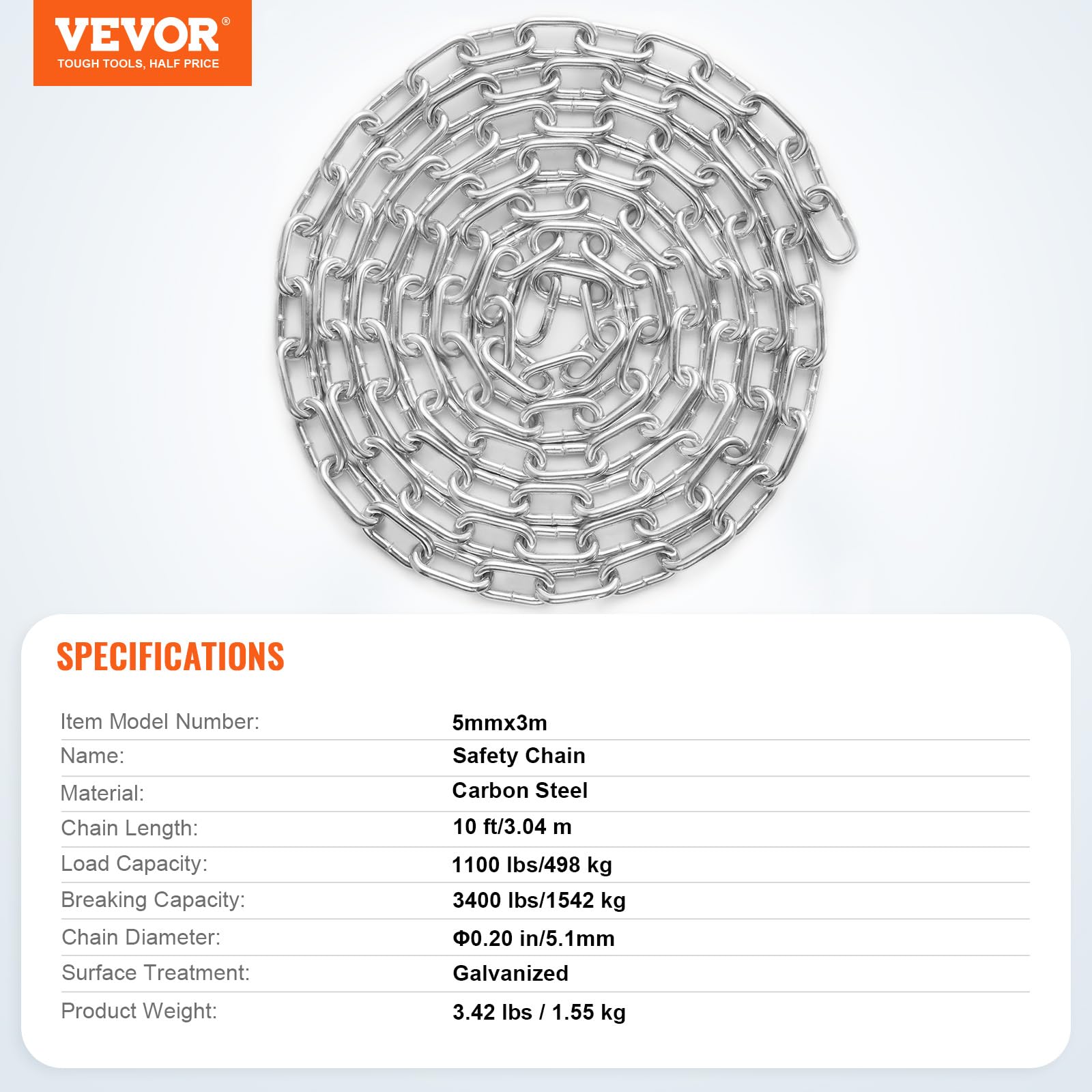 VEVOR Proof Coil Chain, 3/16" x 10', 1100 lbs Safe Working Load, Zinc Plated Proof Tested Coil Chain with Two Quick Links, Galvanized Carbon Steel Link Chain for Towing, Hanging, Camping, Pet Towing - Image 7