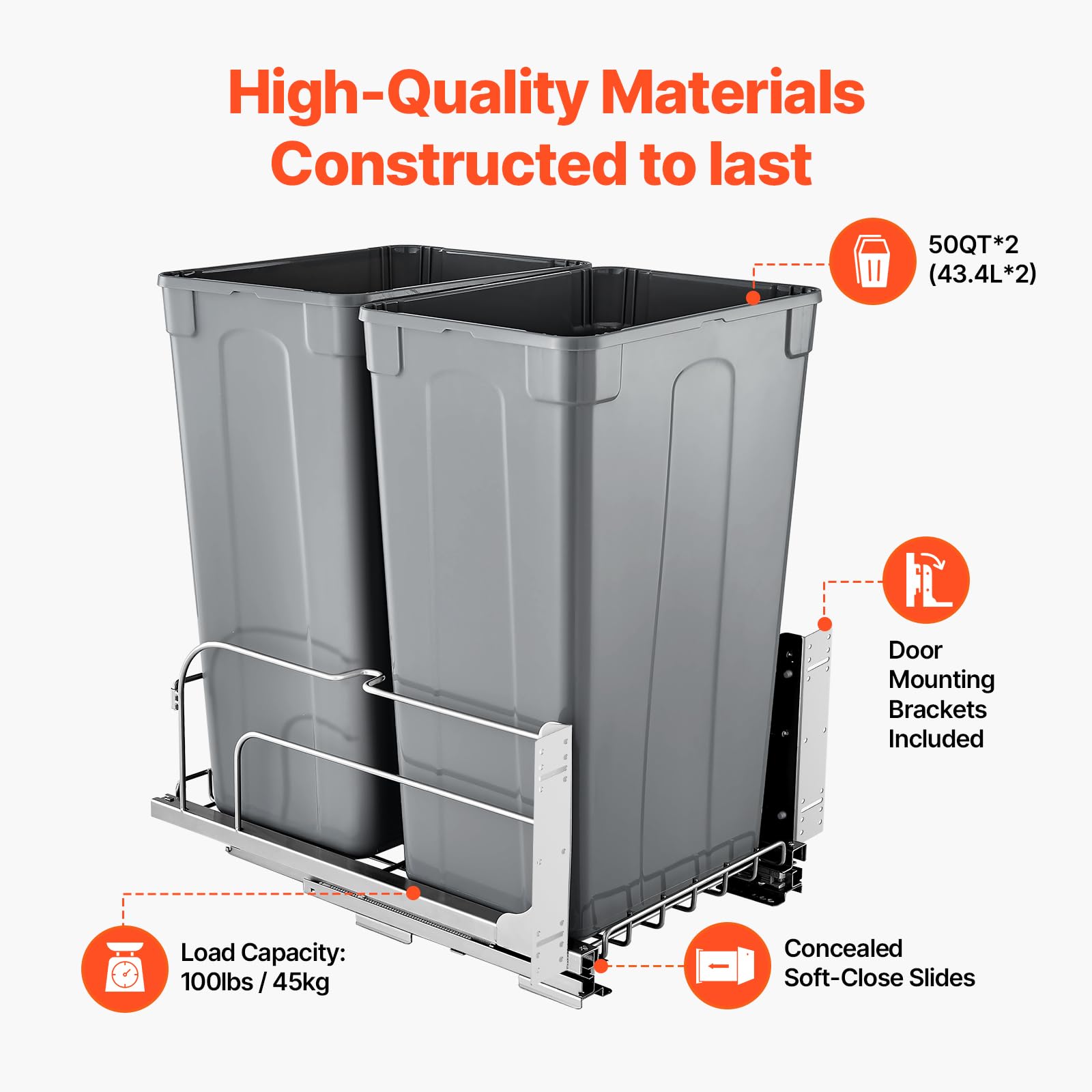VEVOR Pull-Out Trash Can, 50 QT x2 Double Under Mount Kitchen Waste Container, Heavy Duty Garbage Recycling Bin with Door Kit and Soft Close Slide, for Kitchen Cabinet, Sink, Under Counter (Grey) - Image 3