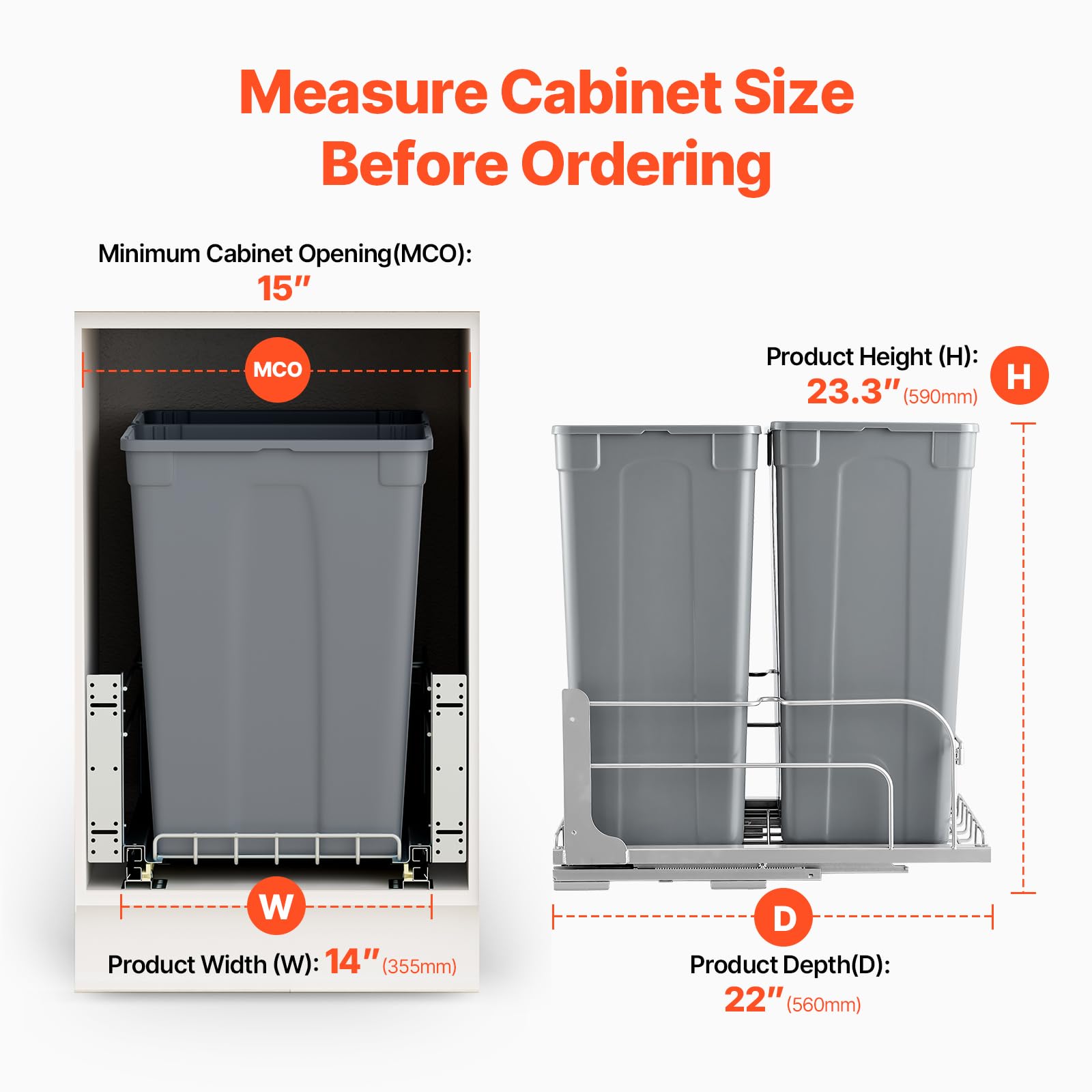 VEVOR Pull-Out Trash Can, 50 QT x2 Double Under Mount Kitchen Waste Container, Heavy Duty Garbage Recycling Bin with Door Kit and Soft Close Slide, for Kitchen Cabinet, Sink, Under Counter (Grey) - Image 4