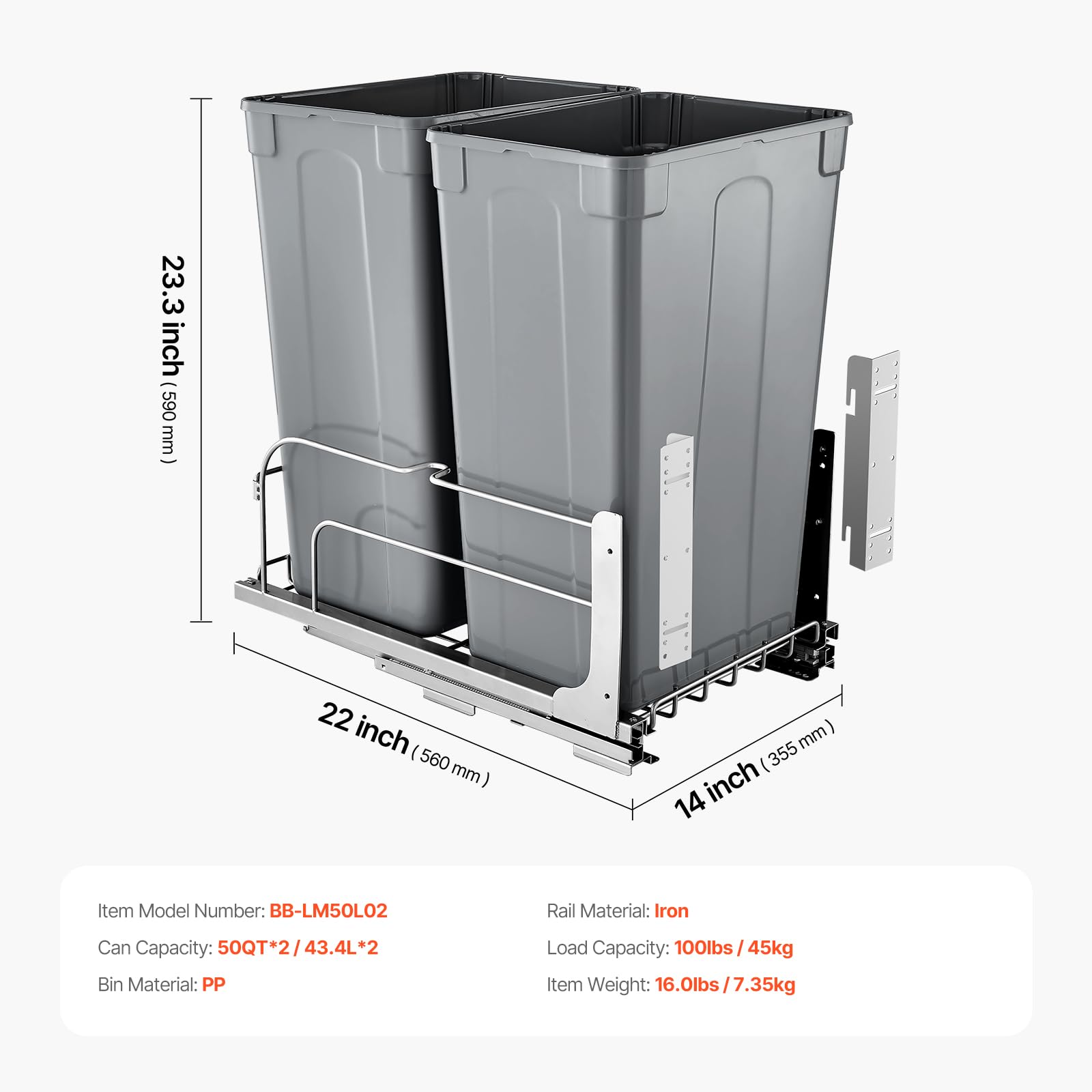 VEVOR Pull-Out Trash Can, 50 QT x2 Double Under Mount Kitchen Waste Container, Heavy Duty Garbage Recycling Bin with Door Kit and Soft Close Slide, for Kitchen Cabinet, Sink, Under Counter (Grey) - Image 7