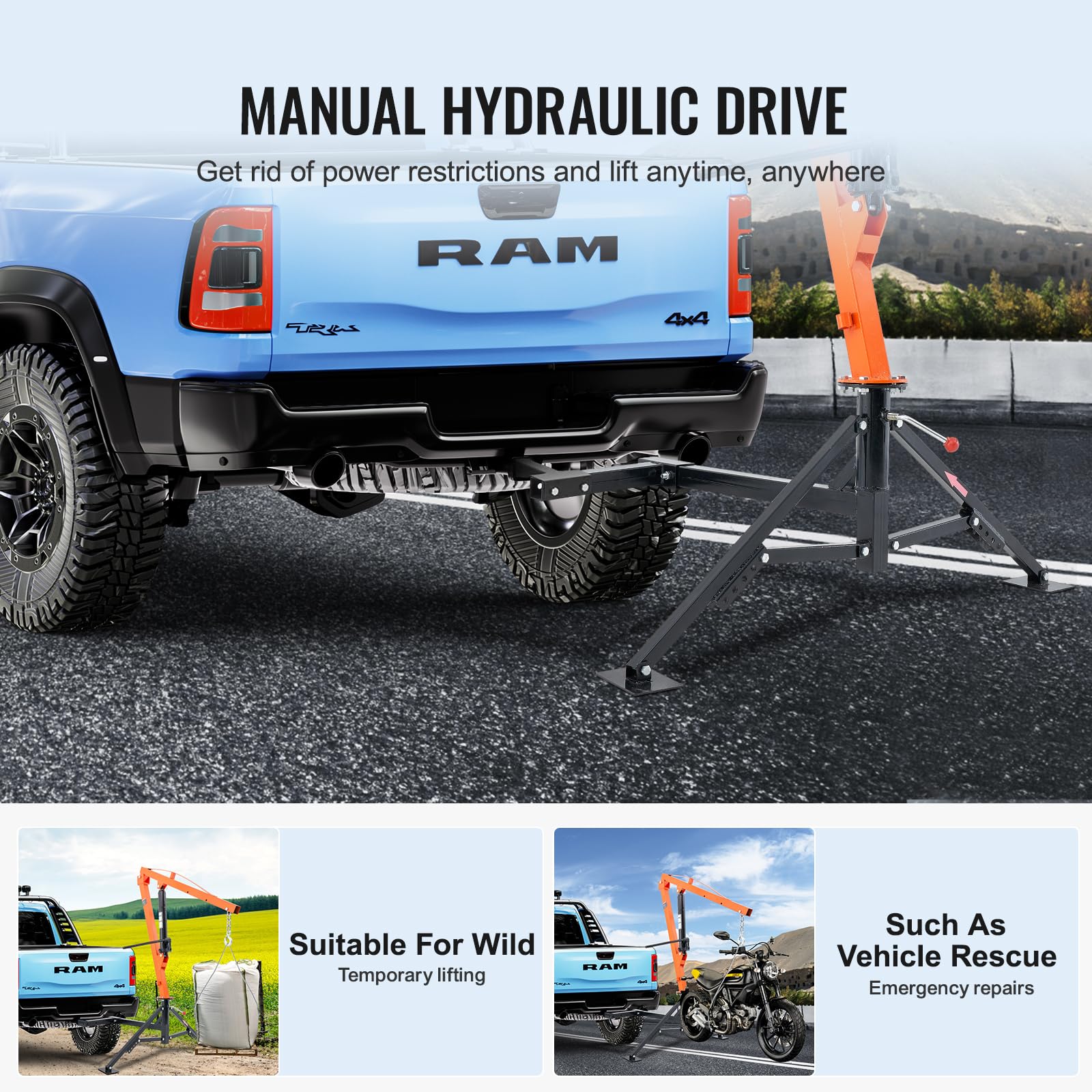 VEVOR Receiver Hitch Mounted Hydraulic Pickup Truck Crane, 1000 lbs Capacity, 360° Swivel, Three Boom Capacities of 500 lbs, 750 lbs & 1000 lbs, for Lifting Goods in Construction, Forestry, Factory - Image 3