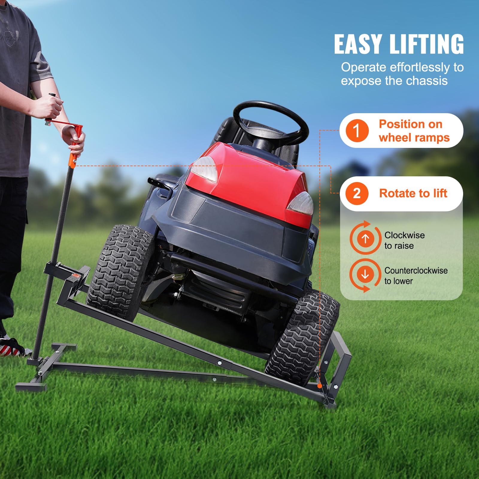 VEVOR Ride on Lawn Mower Lift Jack, 880 Lbs Weight Capacity, Telescopic Maintenance Jack with Crank Handle & Power Tool Handle, Foldable Lawn Tractor Lifter for Lawn Mowers and Garden Tractors, Black - Image 3