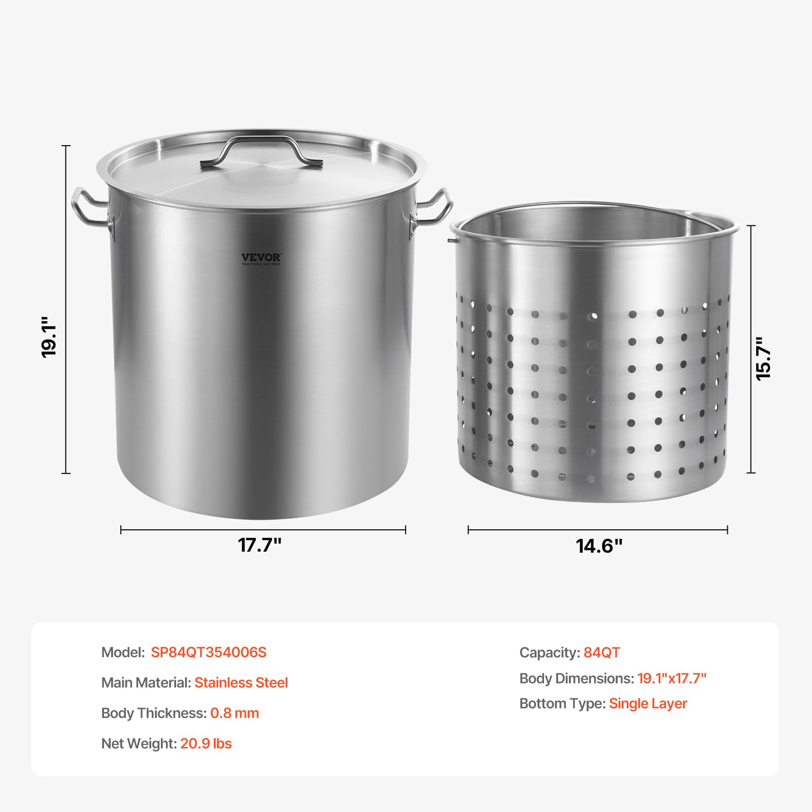 VEVOR Stainless Steel Stockpot, 84 Quart Large Cooking Pots, Cookware Sauce Pot with Basket, Lid, and Handle, Heavy Duty Commercial Grade Stock Pot, Sanding Treatment, for Large Groups Events Silver - Image 7