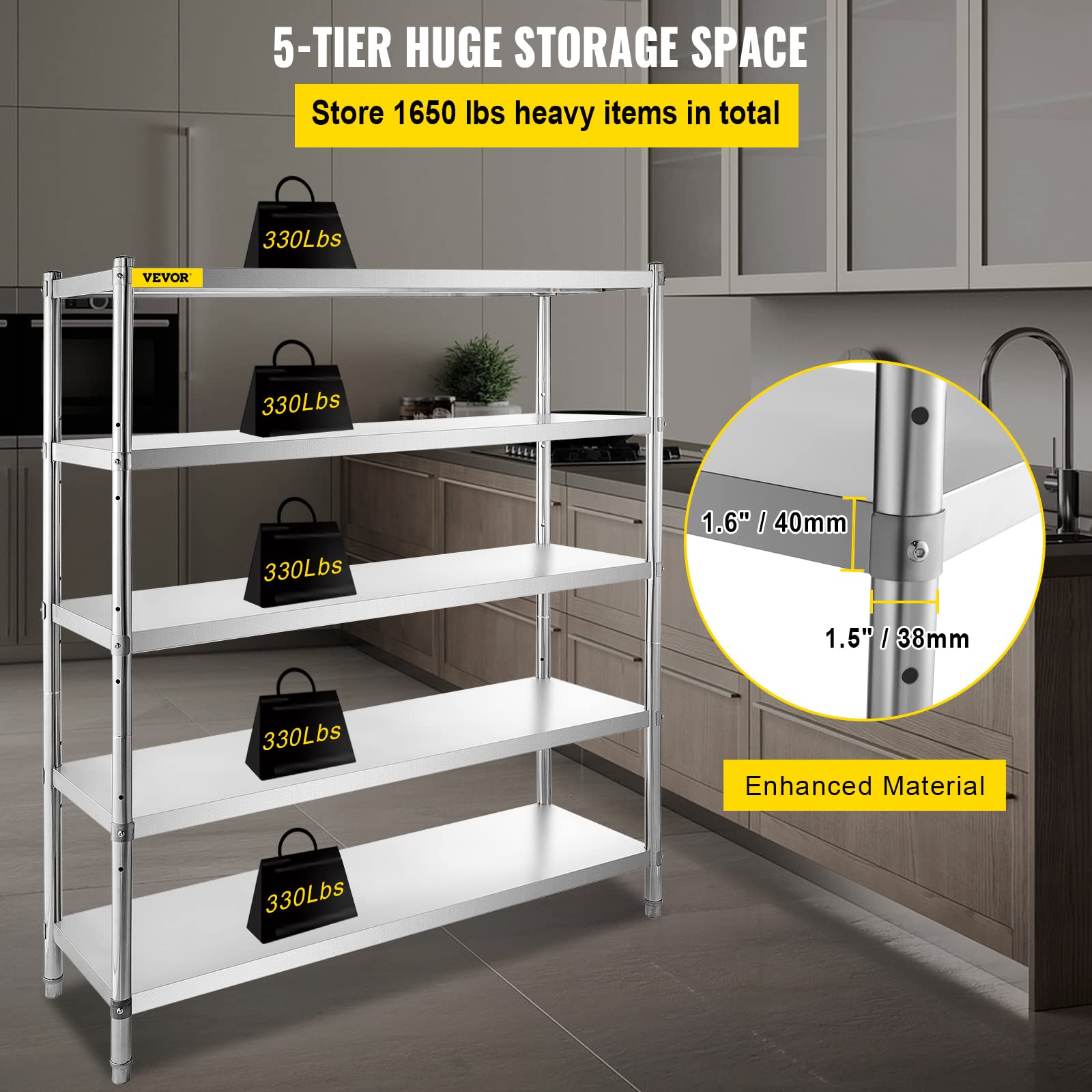 VEVOR Storage Shelf, 5-Tier Storage Shelving Unit, Stainless Steel Garage Shelf, Heavy Duty Storage Shelving, 1650 Lbs Total Capacity with Adjustable Height - Image 4