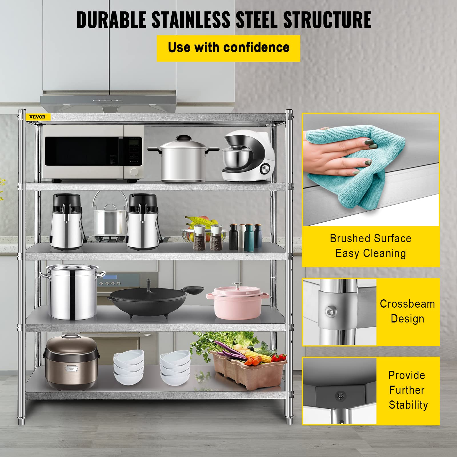 VEVOR Storage Shelf, 5-Tier Storage Shelving Unit, Stainless Steel Garage Shelf, Heavy Duty Storage Shelving, 1650 Lbs Total Capacity with Adjustable Height - Image 5