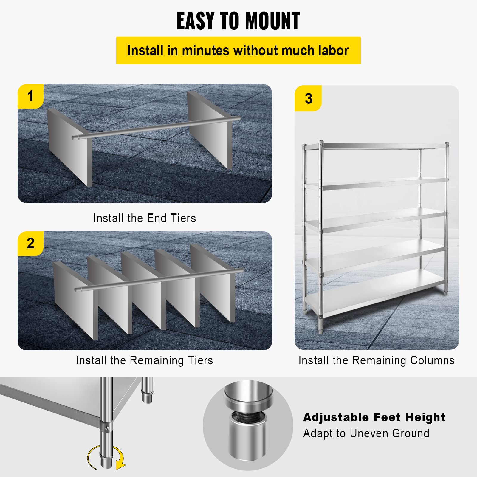 VEVOR Storage Shelf, 5-Tier Storage Shelving Unit, Stainless Steel Garage Shelf, Heavy Duty Storage Shelving, 1650 Lbs Total Capacity with Adjustable Height - Image 7