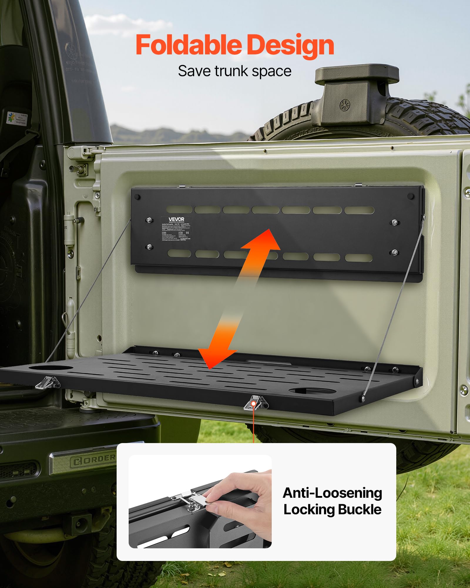 VEVOR Tailgate Table, for 2021-2026 Ford Bronco 4 Door Hardtops (Exclude Bronco Sport), 88 lbs Load Capacity, Carbon Steel Foldable Molle Panel Drop Down Table, Rear Door Cargo Storage Rack Shelf - Image 4