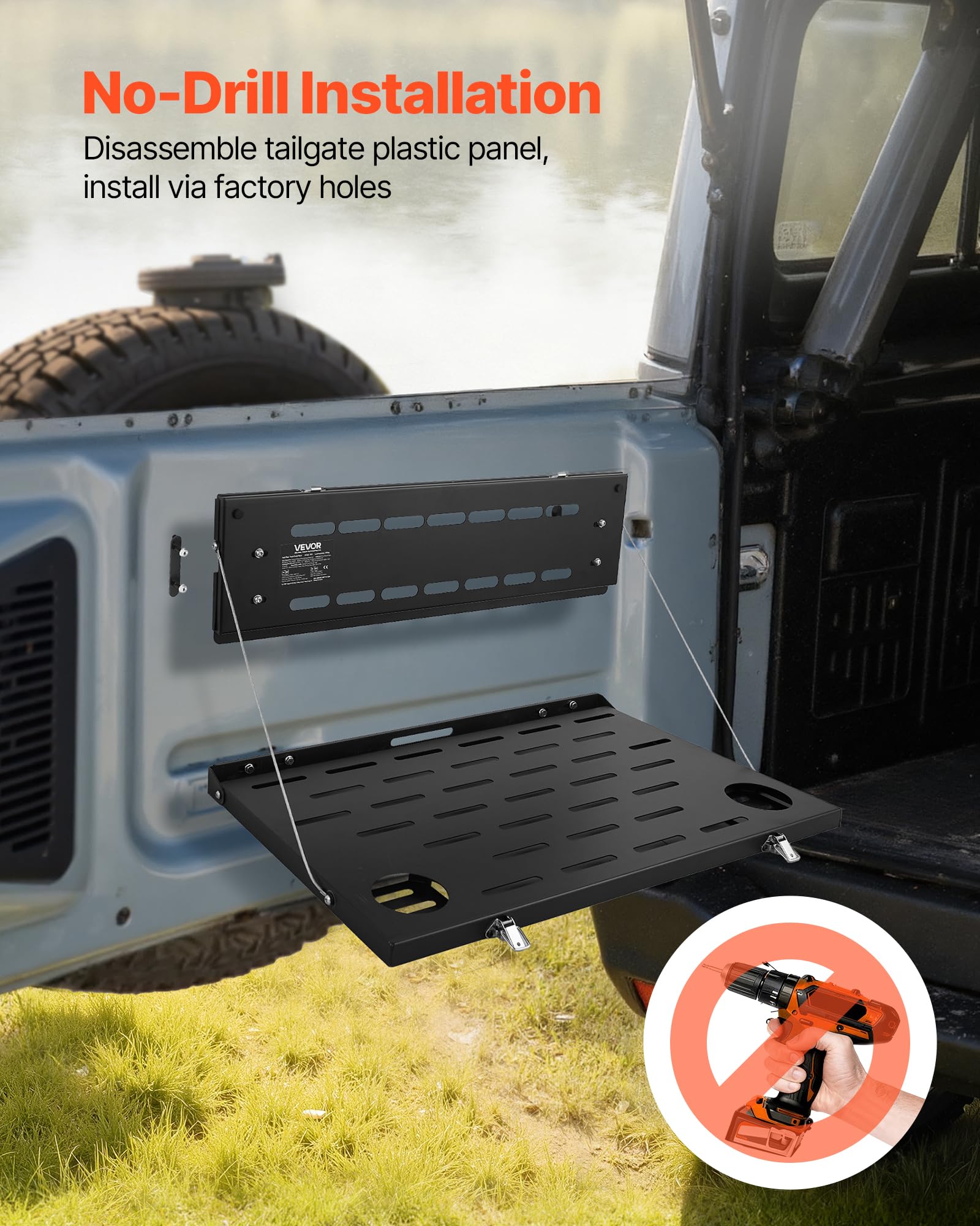 VEVOR Tailgate Table, for 2021-2026 Ford Bronco 4 Door Hardtops (Exclude Bronco Sport), 88 lbs Load Capacity, Carbon Steel Foldable Molle Panel Drop Down Table, Rear Door Cargo Storage Rack Shelf - Image 6