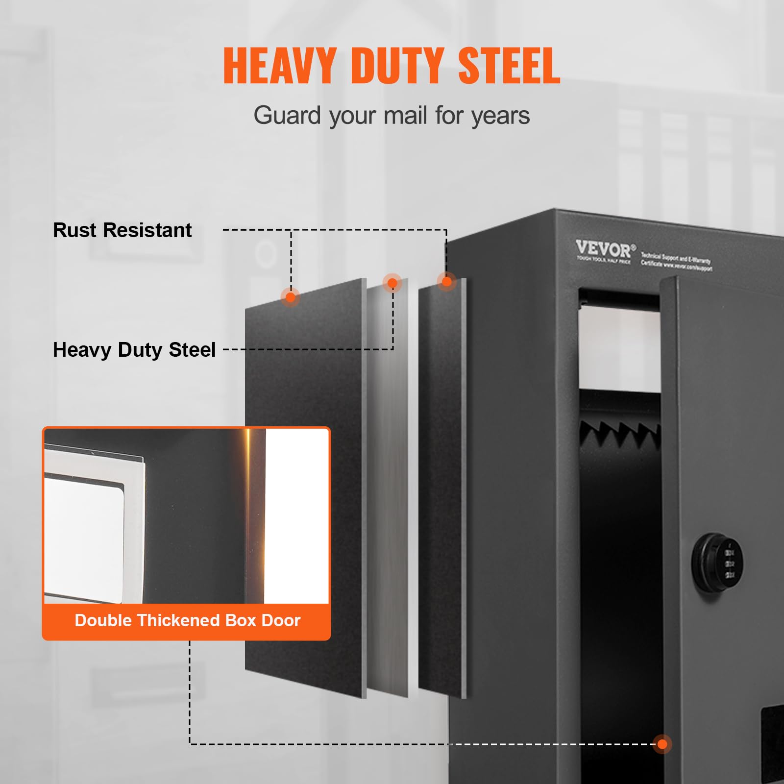 VEVOR Through The Wall Drop Box Deposit Safe 12.5x6.3x16.9, Rainproof Heavy Duty Steel Mailbox with Combination Lock for Wall Thickness 2.8"-7.9" Home Office, Locking Wall Mount Mail Drop Box, Black - Image 4