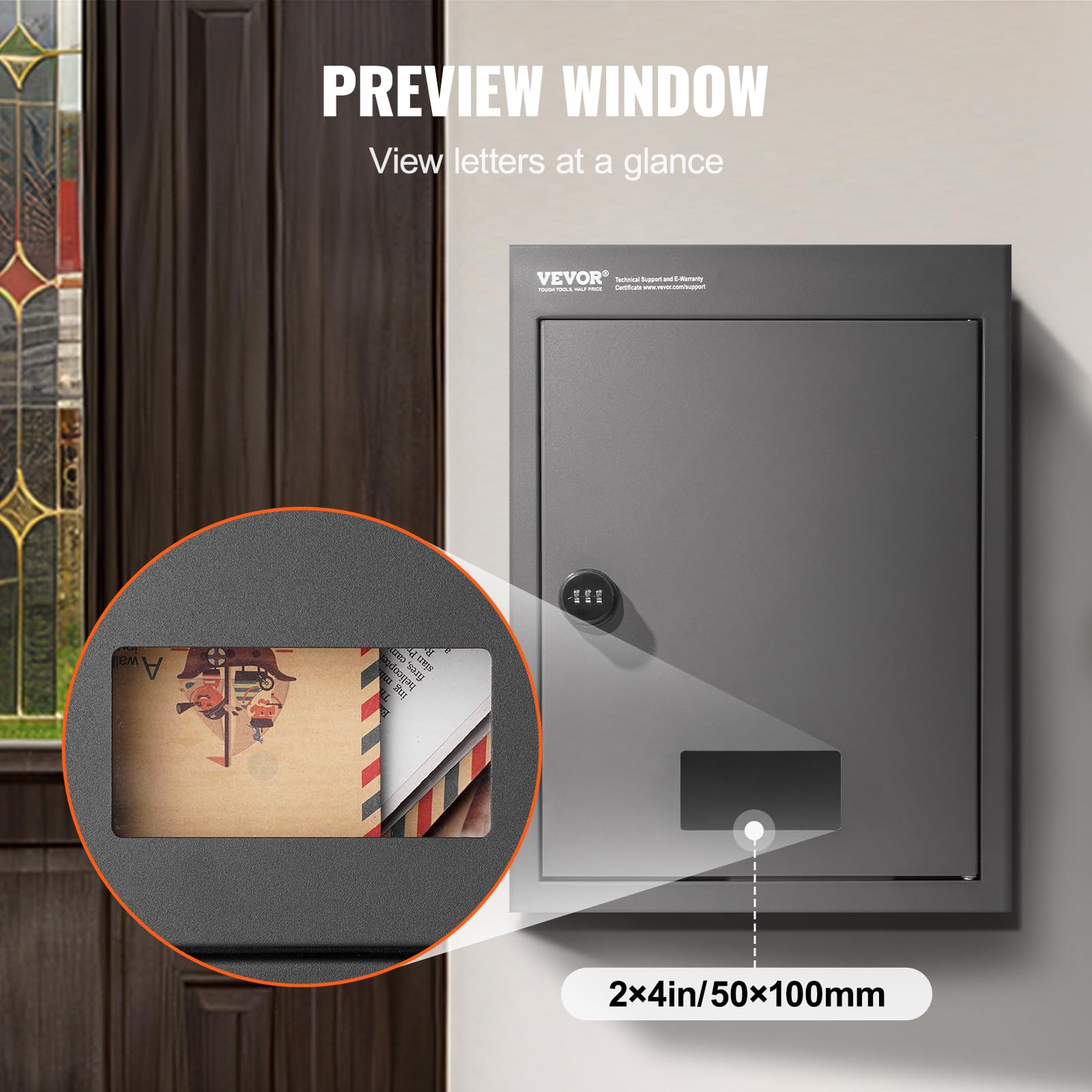 VEVOR Through The Wall Drop Box Deposit Safe 12.5x6.3x16.9, Rainproof Heavy Duty Steel Mailbox with Combination Lock for Wall Thickness 2.8"-7.9" Home Office, Locking Wall Mount Mail Drop Box, Black - Image 6