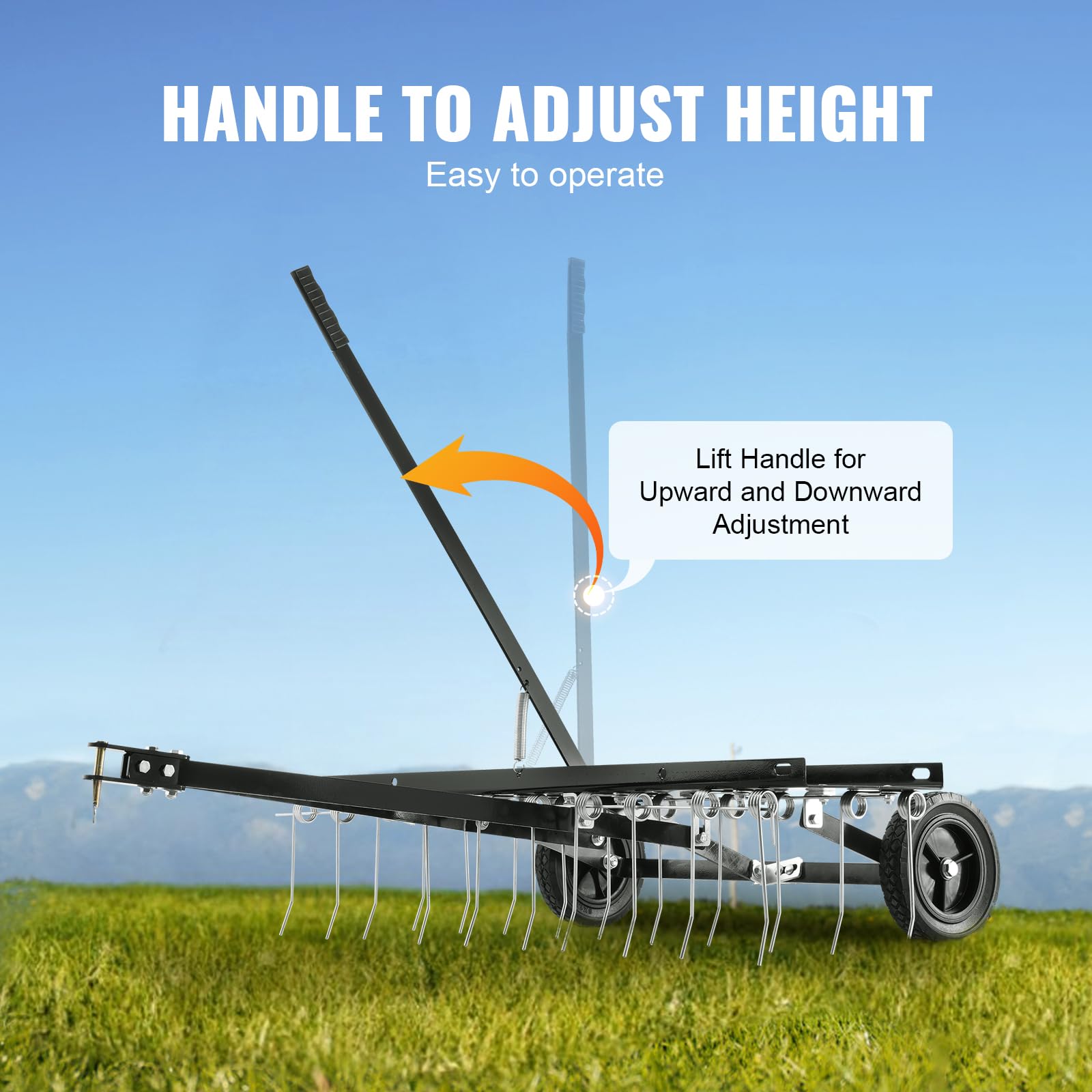VEVOR Tow Behind Dethatcher, 40-inch Tow Dethatcher with 20 Spring Steel Tines, Lawn Dethatcher Rake for ATV or Mower, Tow Behind Lawn Rake with Lift Handle for Garden Farm Grass - Image 4