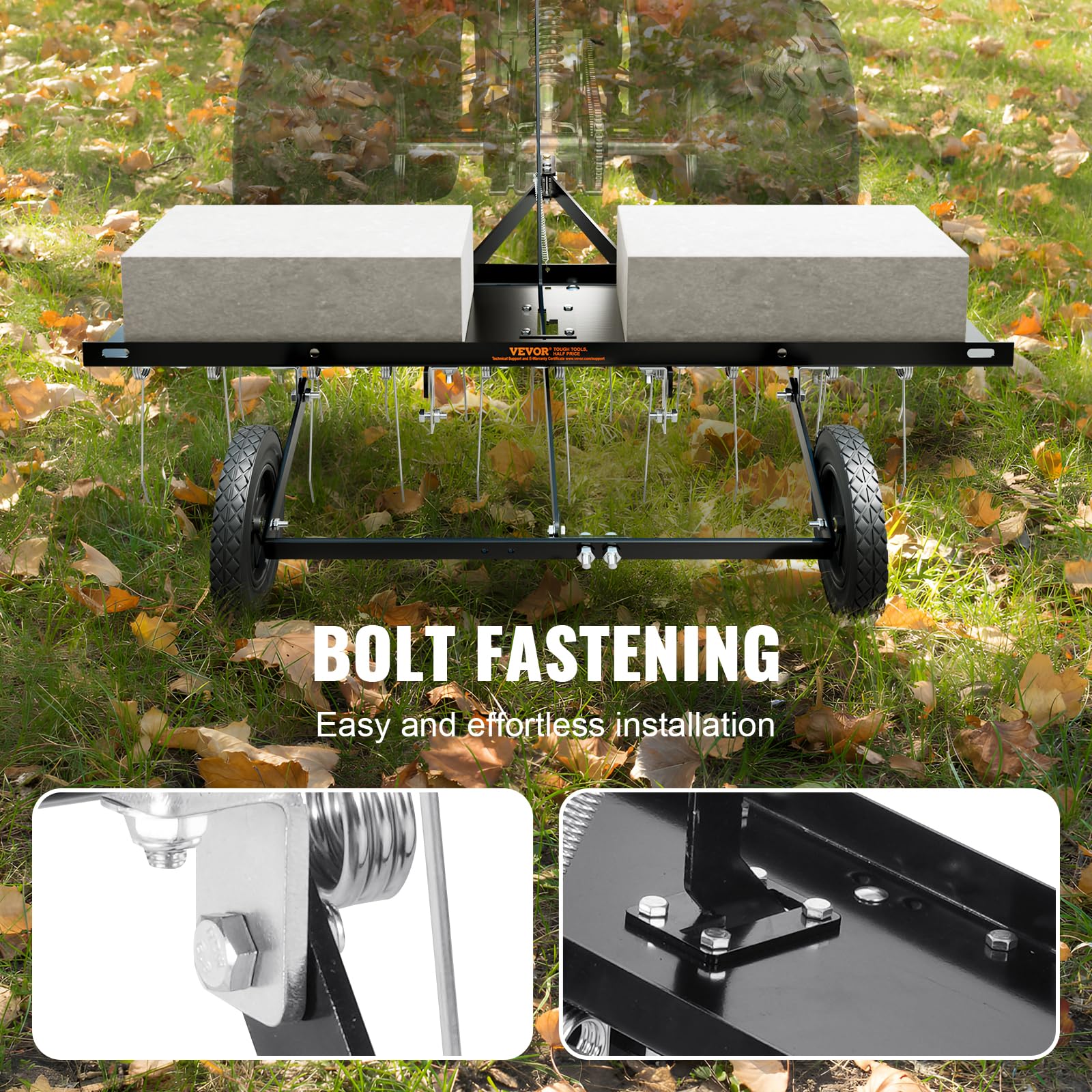 VEVOR Tow Behind Dethatcher, 40-inch Tow Dethatcher with 20 Spring Steel Tines, Lawn Dethatcher Rake for ATV or Mower, Tow Behind Lawn Rake with Lift Handle for Garden Farm Grass - Image 5