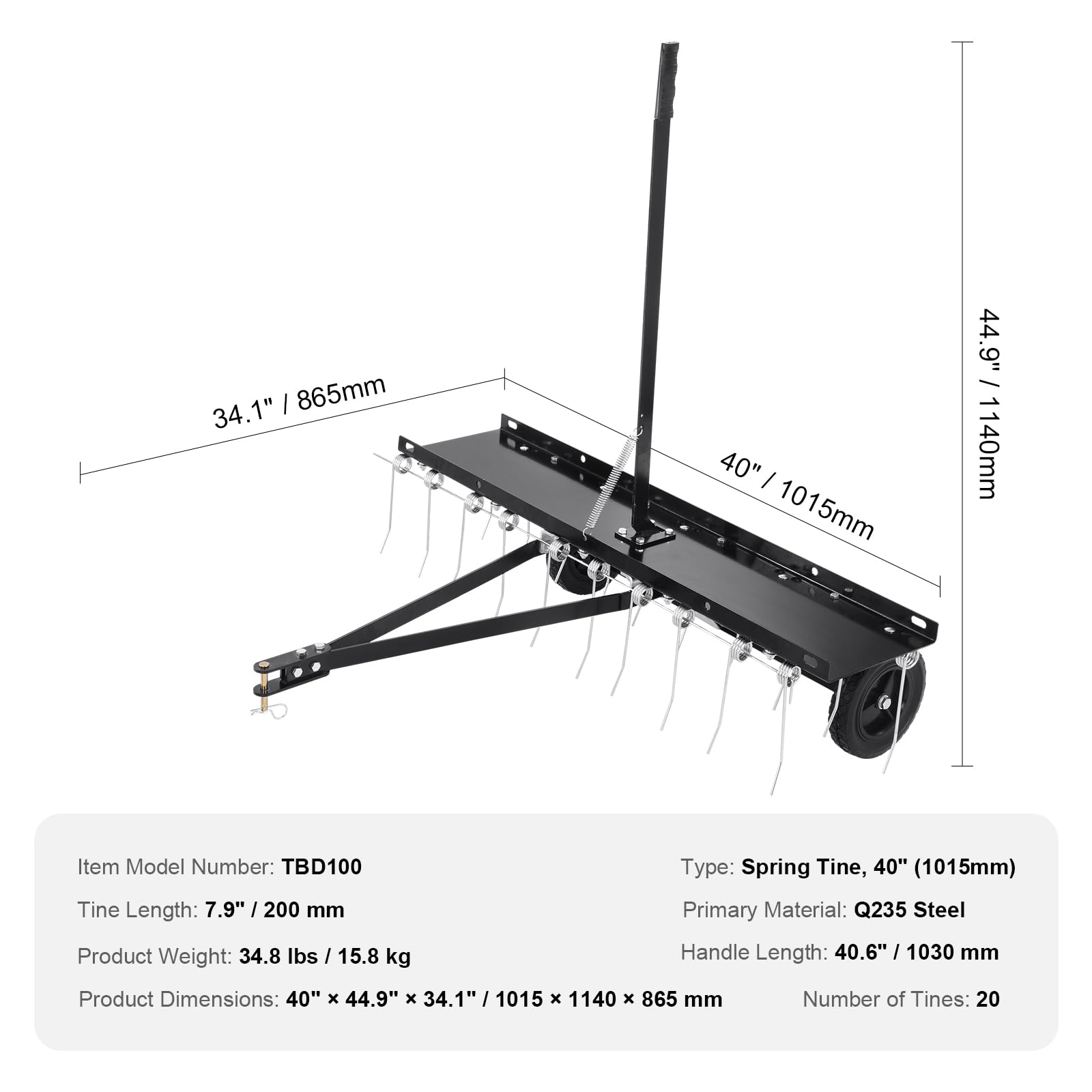 VEVOR Tow Behind Dethatcher, 40-inch Tow Dethatcher with 20 Spring Steel Tines, Lawn Dethatcher Rake for ATV or Mower, Tow Behind Lawn Rake with Lift Handle for Garden Farm Grass - Image 7