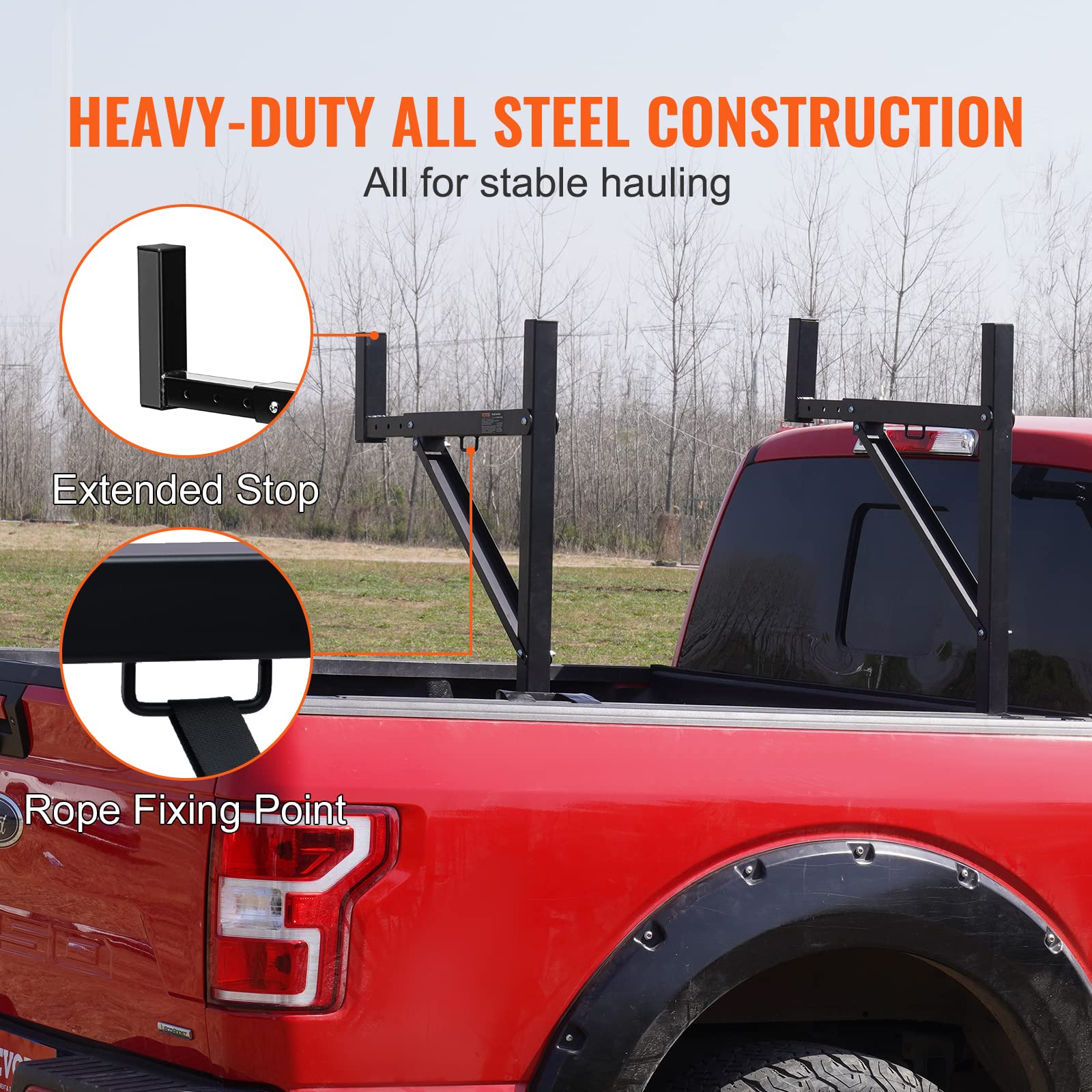 VEVOR Truck Rack, 19-34inch Extendable Truck Ladder Rack, 38.6"-43.6" Adjustable Height, 250 lbs Capacity Steel Ladder Rack for Truck, Heavy Duty Truck Bed Rack for Kayak, Surfboard, Lumber, Ladder - Image 3