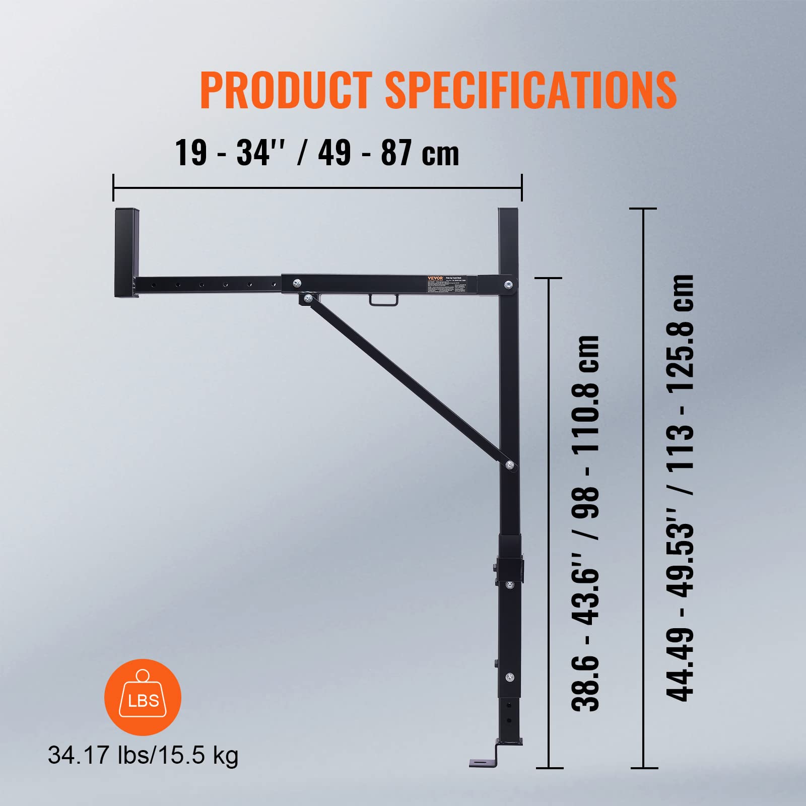 VEVOR Truck Rack, 19-34inch Extendable Truck Ladder Rack, 38.6"-43.6" Adjustable Height, 250 lbs Capacity Steel Ladder Rack for Truck, Heavy Duty Truck Bed Rack for Kayak, Surfboard, Lumber, Ladder - Image 7