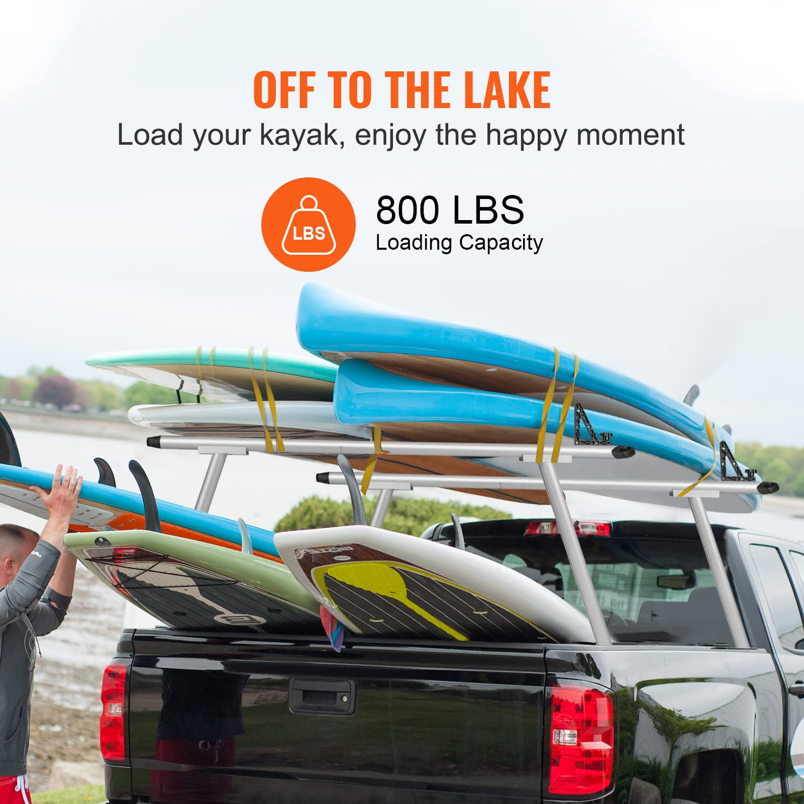 VEVOR Truck Rack, 800 lbs Capacity, 71"x32" Aluminum Ladder Rack for Truck with 8 Non-Drilling C-Clamps, Heavy Duty Truck Bed Rack Two-Bar Set for Kayak, Surfboard, Lumber, Ladder - Image 3