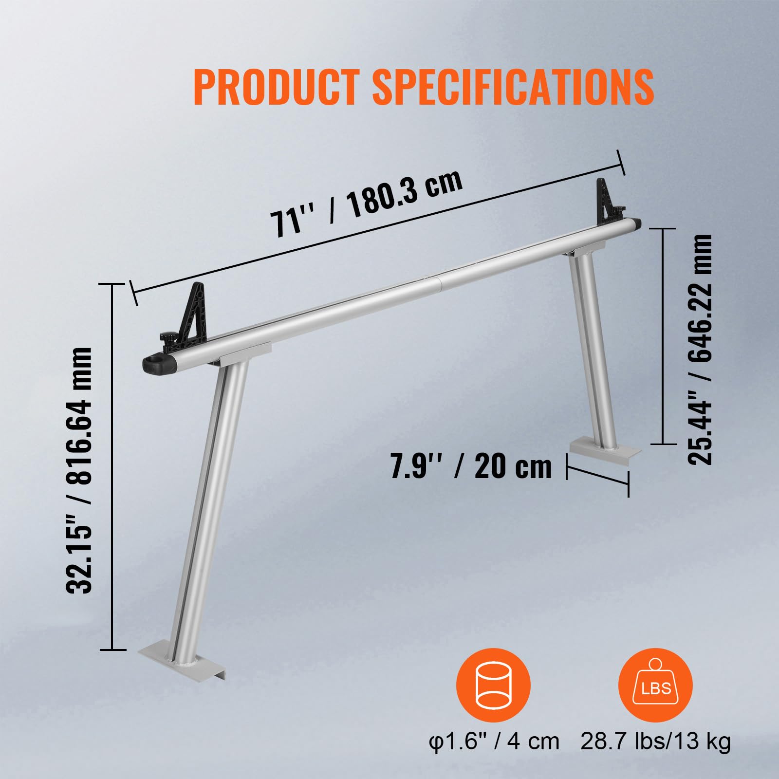 VEVOR Truck Rack, 800 lbs Capacity, 71"x32" Aluminum Ladder Rack for Truck with 8 Non-Drilling C-Clamps, Heavy Duty Truck Bed Rack Two-Bar Set for Kayak, Surfboard, Lumber, Ladder - Image 7