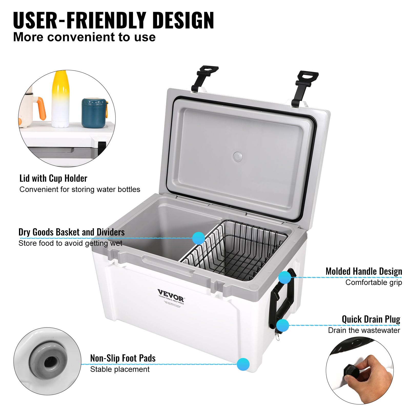 VEVOR Ultra-Light Hard Cooler, Ice Retention Cooler with Heavy Duty Handle, Ice Chest Lunch Box for Camping, Travel, Outdoor, Keeps Cool for up to 6 Days, 30% Lighter Than Rotomolded Coolers - Image 6