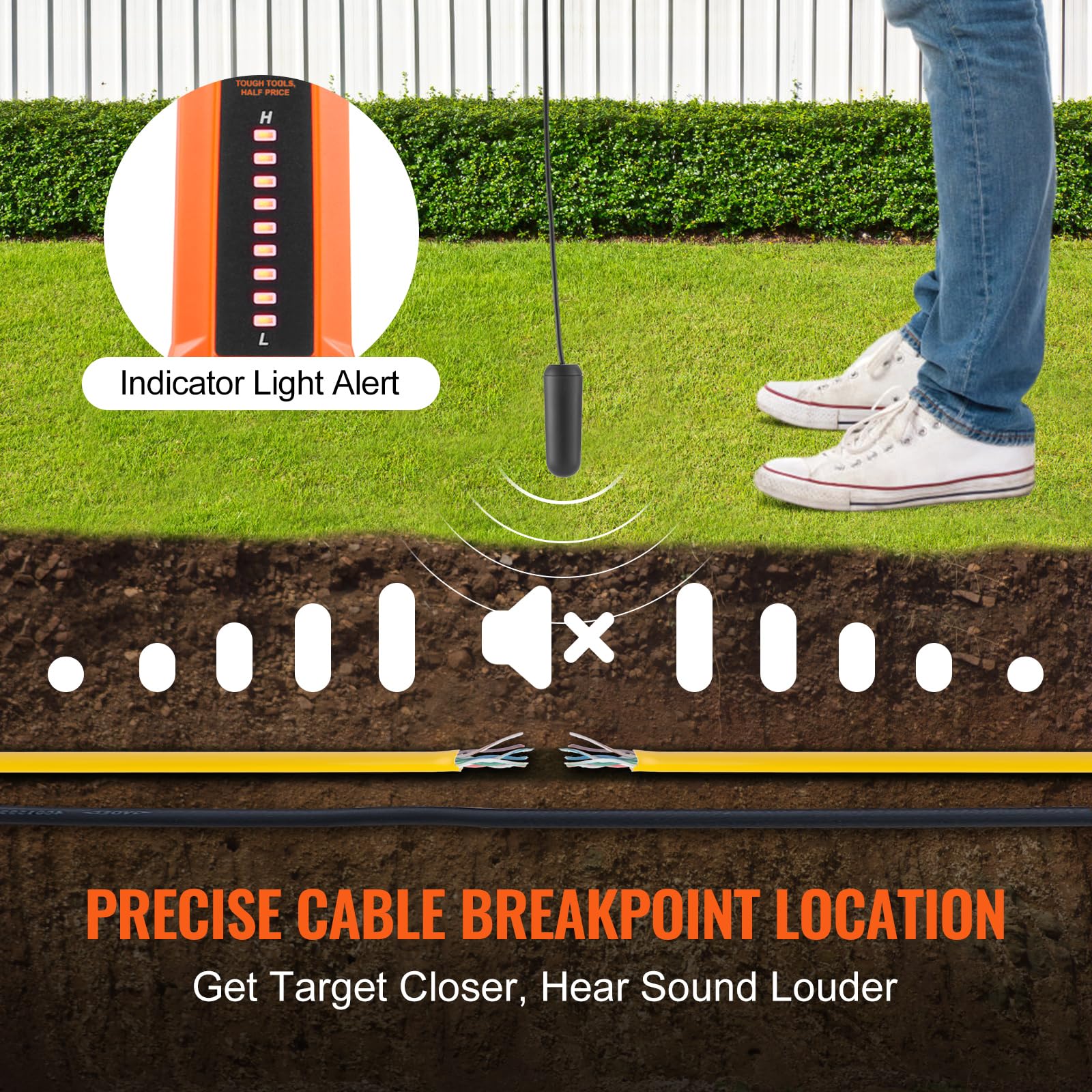 VEVOR Underground Cable Locator, 3 FT Max. Detection Depth, Wire Tracer Break Detector Finder with Earphone, 1000 FT Max.Detection Length Cable Tester for Pet Fence Buried Sprinkler Valve Irrigation - Image 4