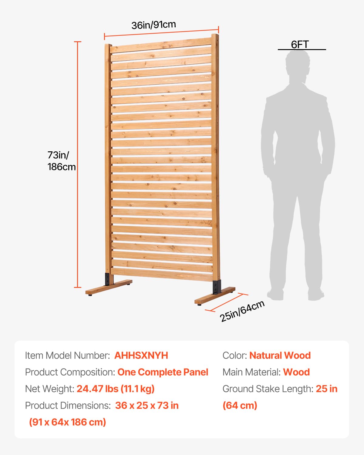 VEVOR Wooden Privacy Screen,36" W x 73" H Outdoor Privacy Screen, Freestanding Wood Privacy Panel with Stand,Outdoor Divider for Balcony Patio Lawn Garden - Image 8