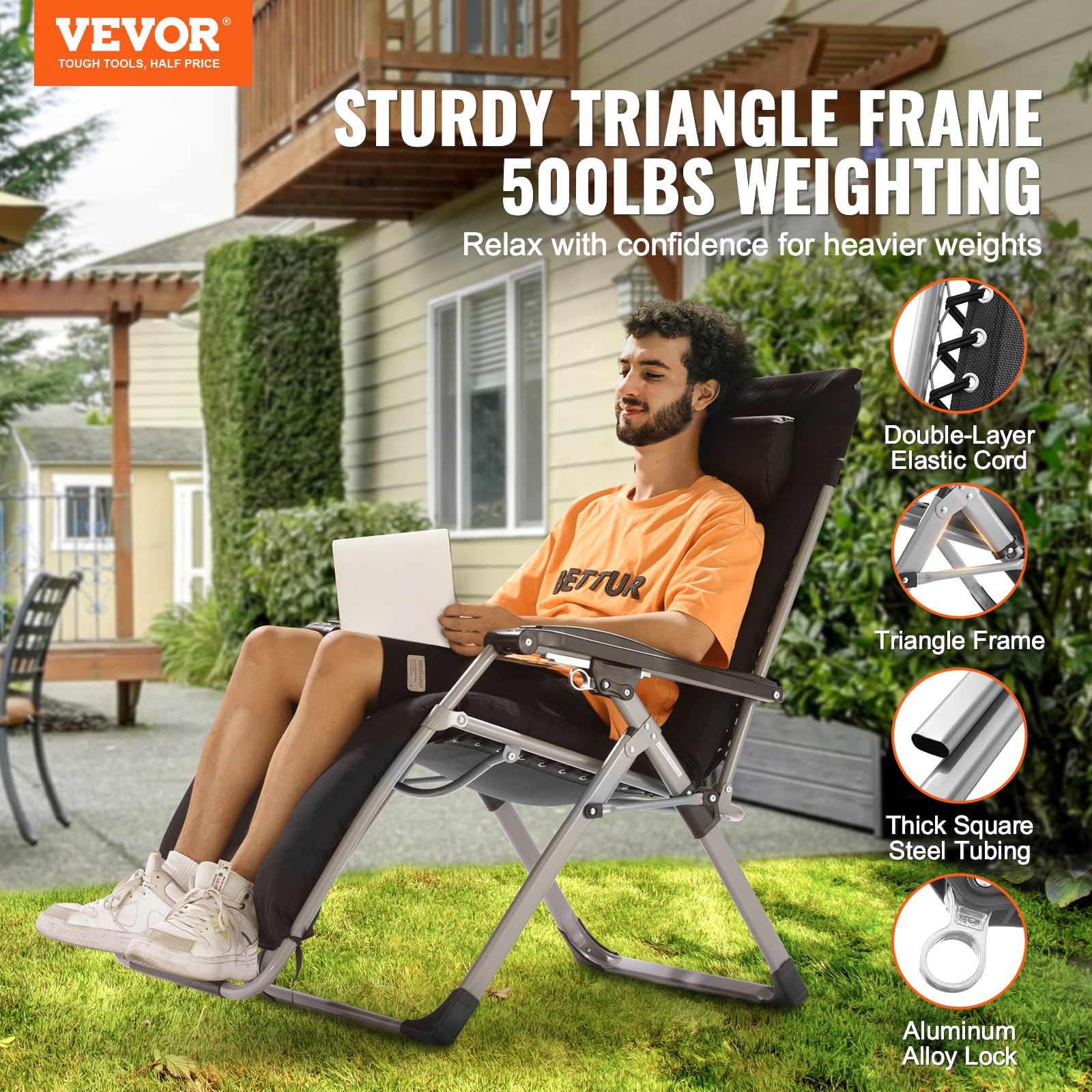 VEVOR Zero Gravity Chair, 26 inch Zero Gravity Recliner Lounge Chair for Indoor and Outdoor, Adjustable Anti Gravity Chair with Cushion, Headrest, Footrest, and Cupholder, 500 lbs, Black - Image 4