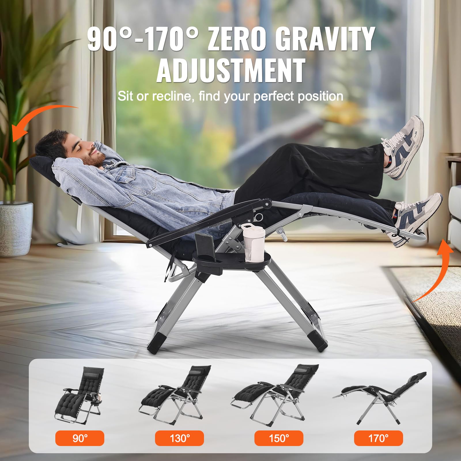 VEVOR Zero Gravity Chair, 26 inch Zero Gravity Recliner Lounge Chair for Indoor and Outdoor, Adjustable Anti Gravity Chair with Cushion, Headrest, Footrest, and Cupholder, 500 lbs, Black - Image 5