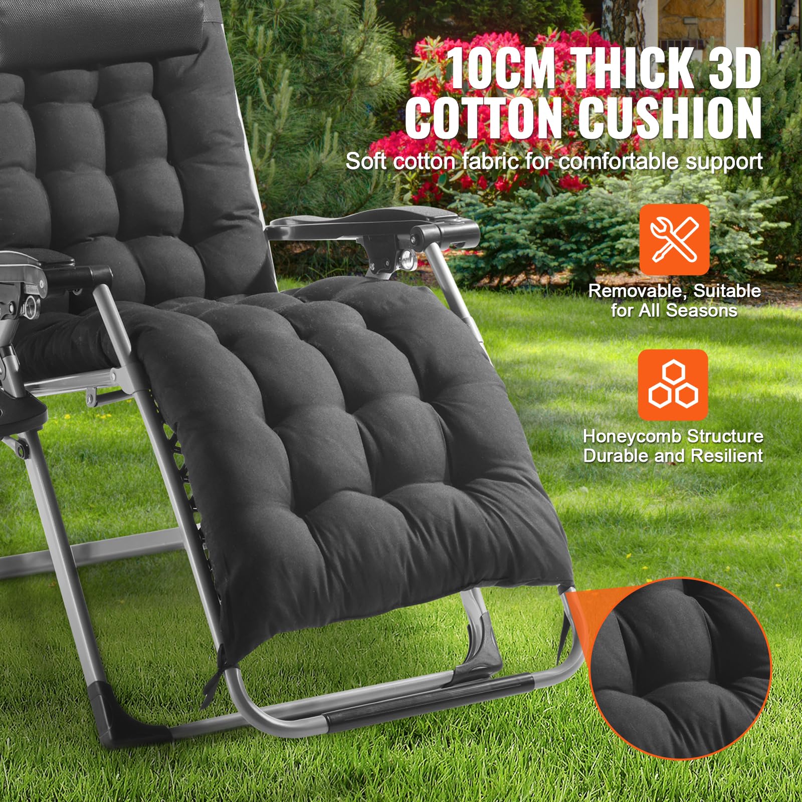 VEVOR Zero Gravity Chair, 26 inch Zero Gravity Recliner Lounge Chair for Indoor and Outdoor, Adjustable Anti Gravity Chair with Cushion, Headrest, Footrest, and Cupholder, 500 lbs, Black - Image 6
