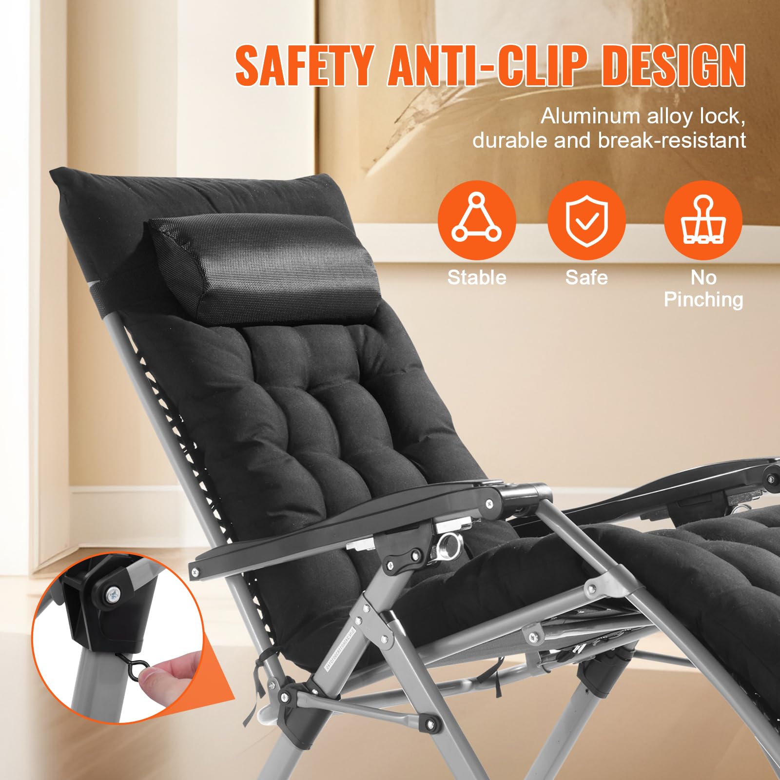 VEVOR Zero Gravity Chair, 26 inch Zero Gravity Recliner Lounge Chair for Indoor and Outdoor, Adjustable Anti Gravity Chair with Cushion, Headrest, Footrest, and Cupholder, 500 lbs, Black - Image 7