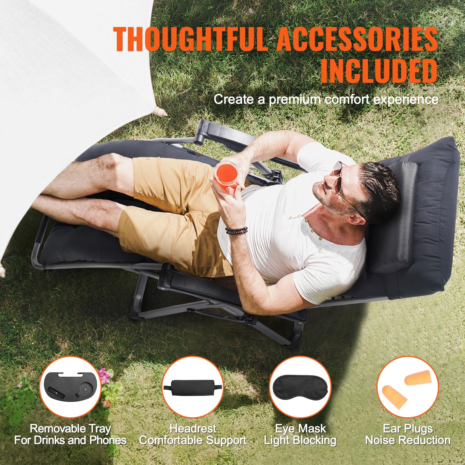 VEVOR Zero Gravity Chair, 26 inch Zero Gravity Recliner Lounge Chair for Indoor and Outdoor, Adjustable Anti Gravity Chair with Cushion, Headrest, Footrest, and Cupholder, 500 lbs, Black - Image 8